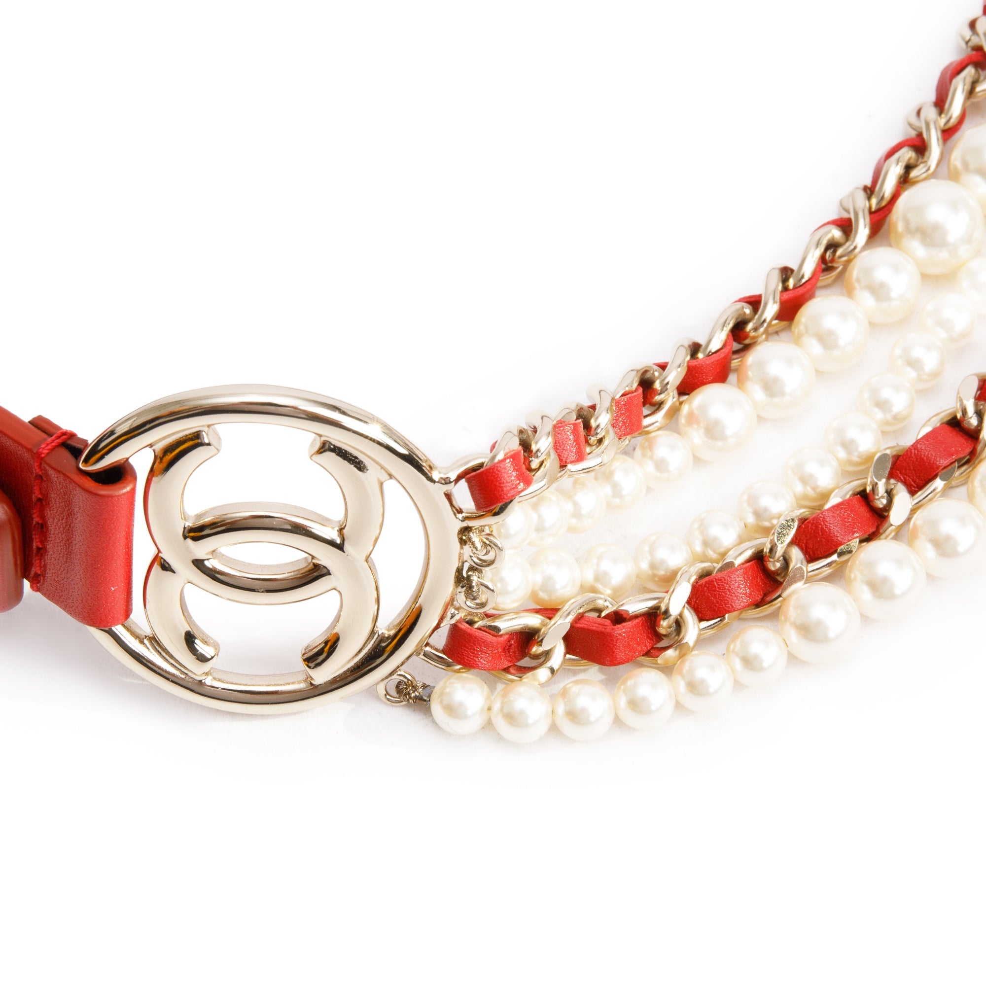 Chanel Red Calfskin Leather CC Pearl Belt 75 30