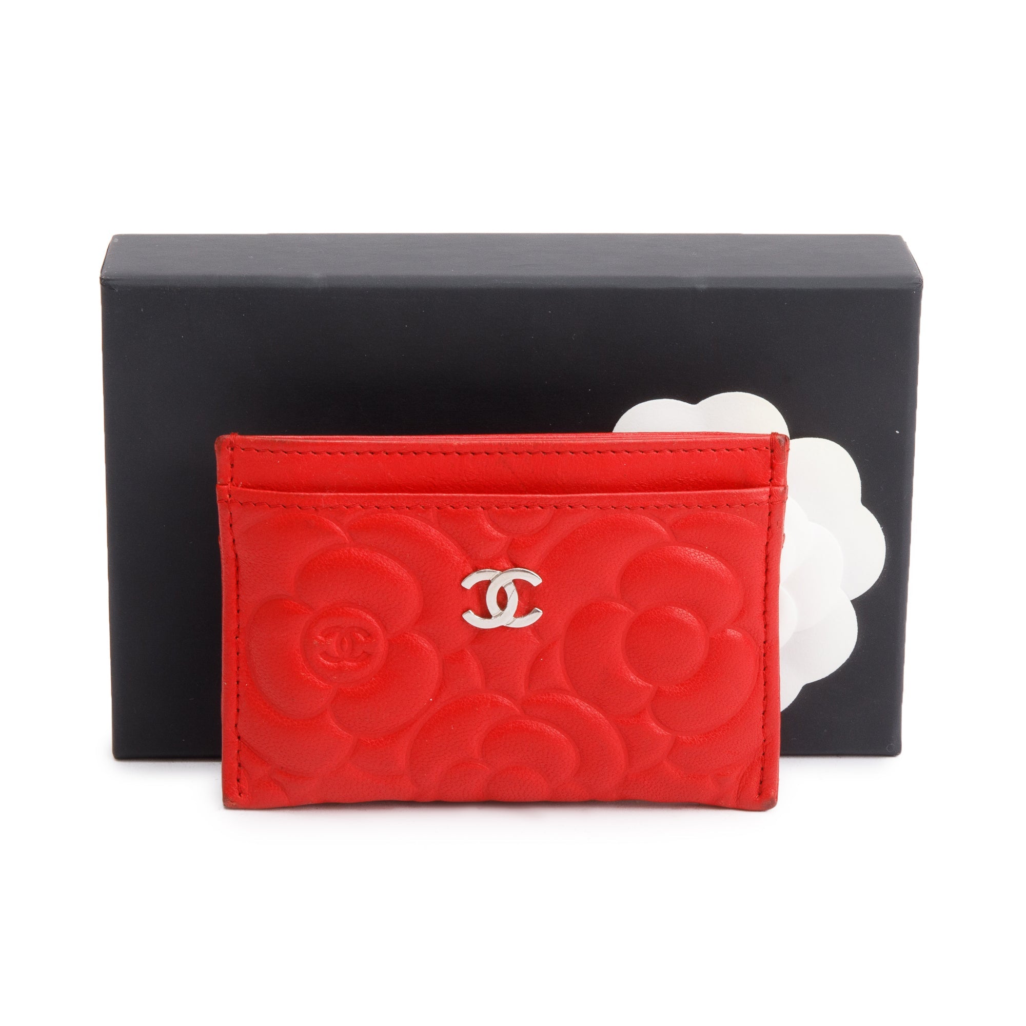 Chanel Red Camellia Embossed Lambskin Leather Classic Card Holder w/ Box & Authenticity Card