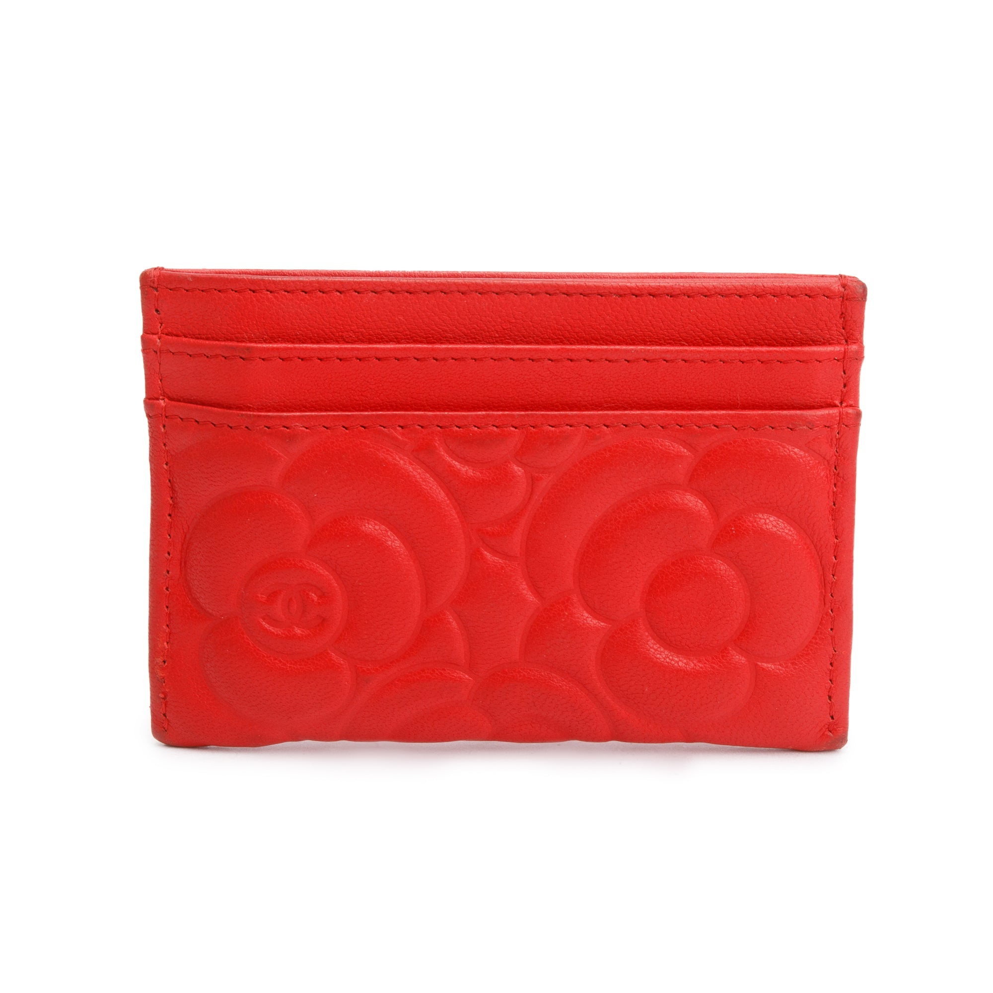 Chanel Red Camellia Embossed Lambskin Leather Classic Card Holder w/ Box & Authenticity Card