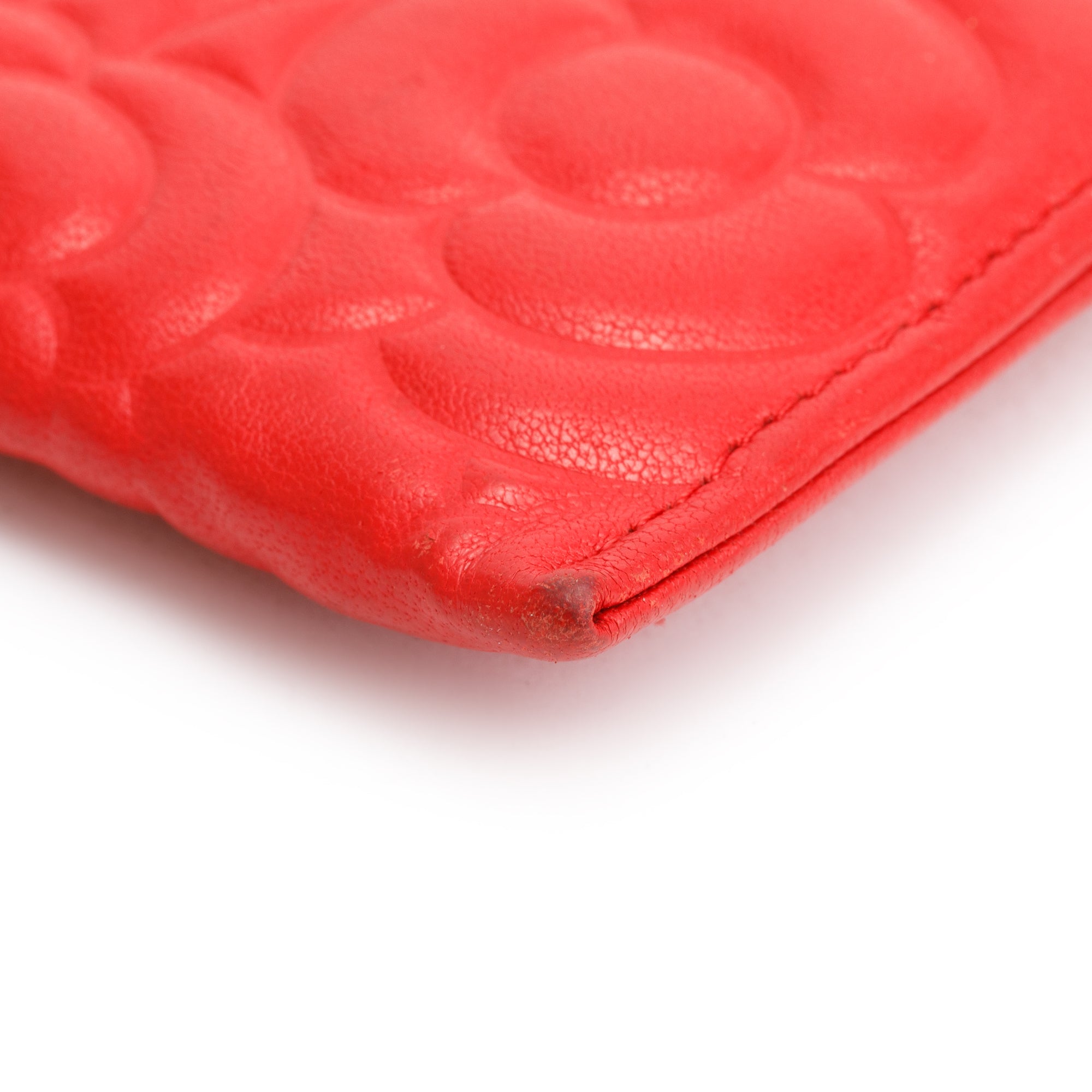 Chanel Red Camellia Embossed Lambskin Leather Classic Card Holder w/ Box & Authenticity Card