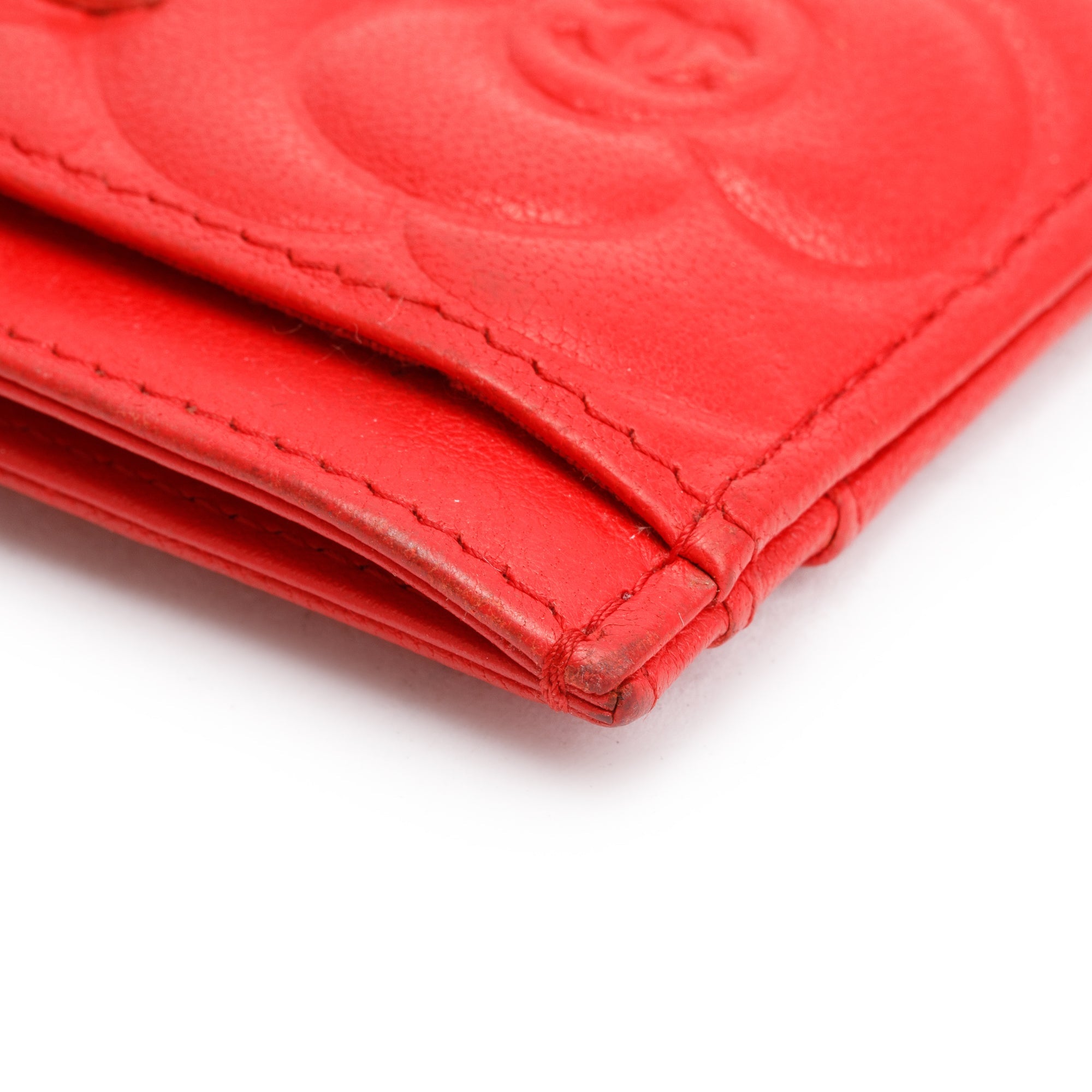 Chanel Red Camellia Embossed Lambskin Leather Classic Card Holder w/ Box & Authenticity Card