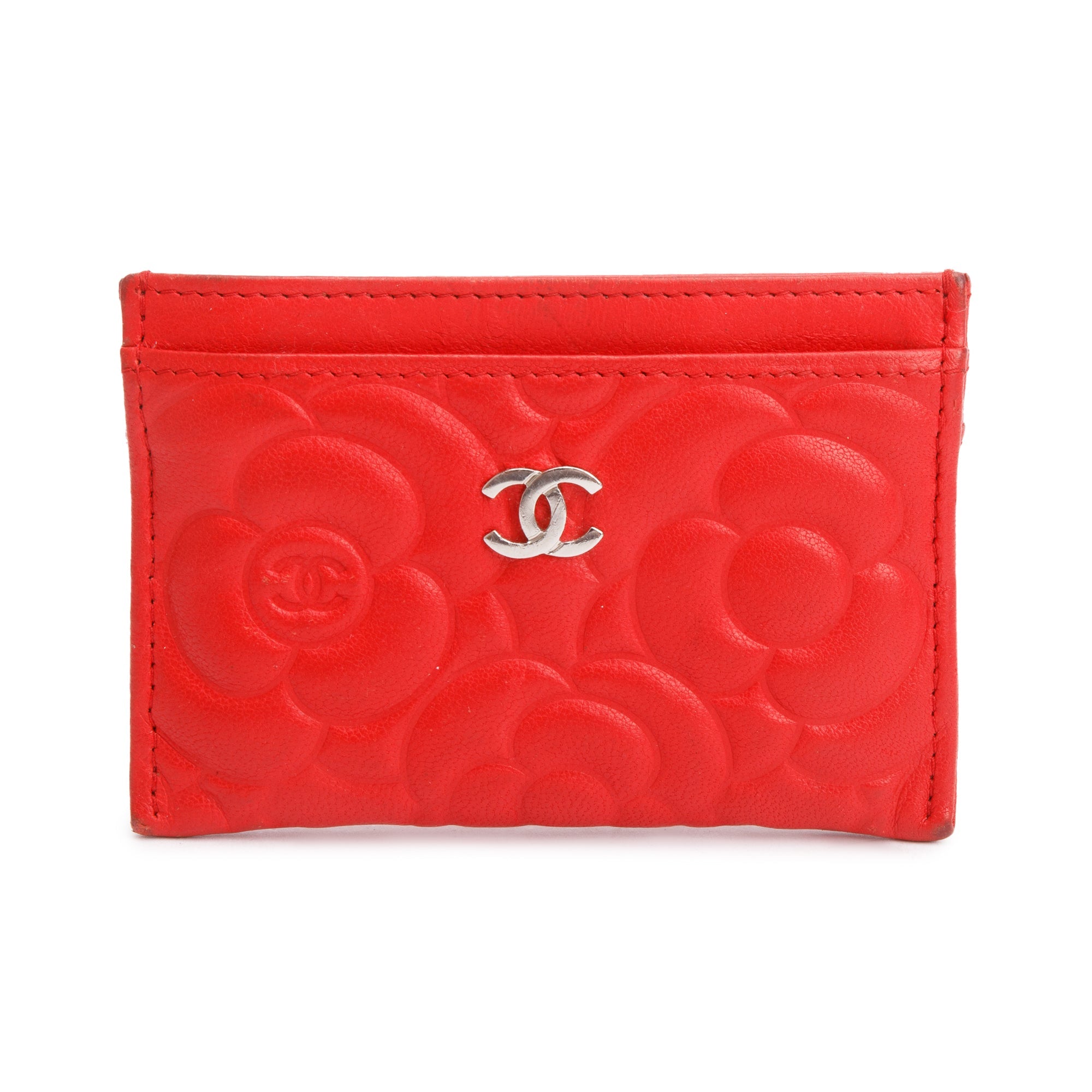 Chanel Red Camellia Embossed Lambskin Leather Classic Card Holder w/ Box & Authenticity Card