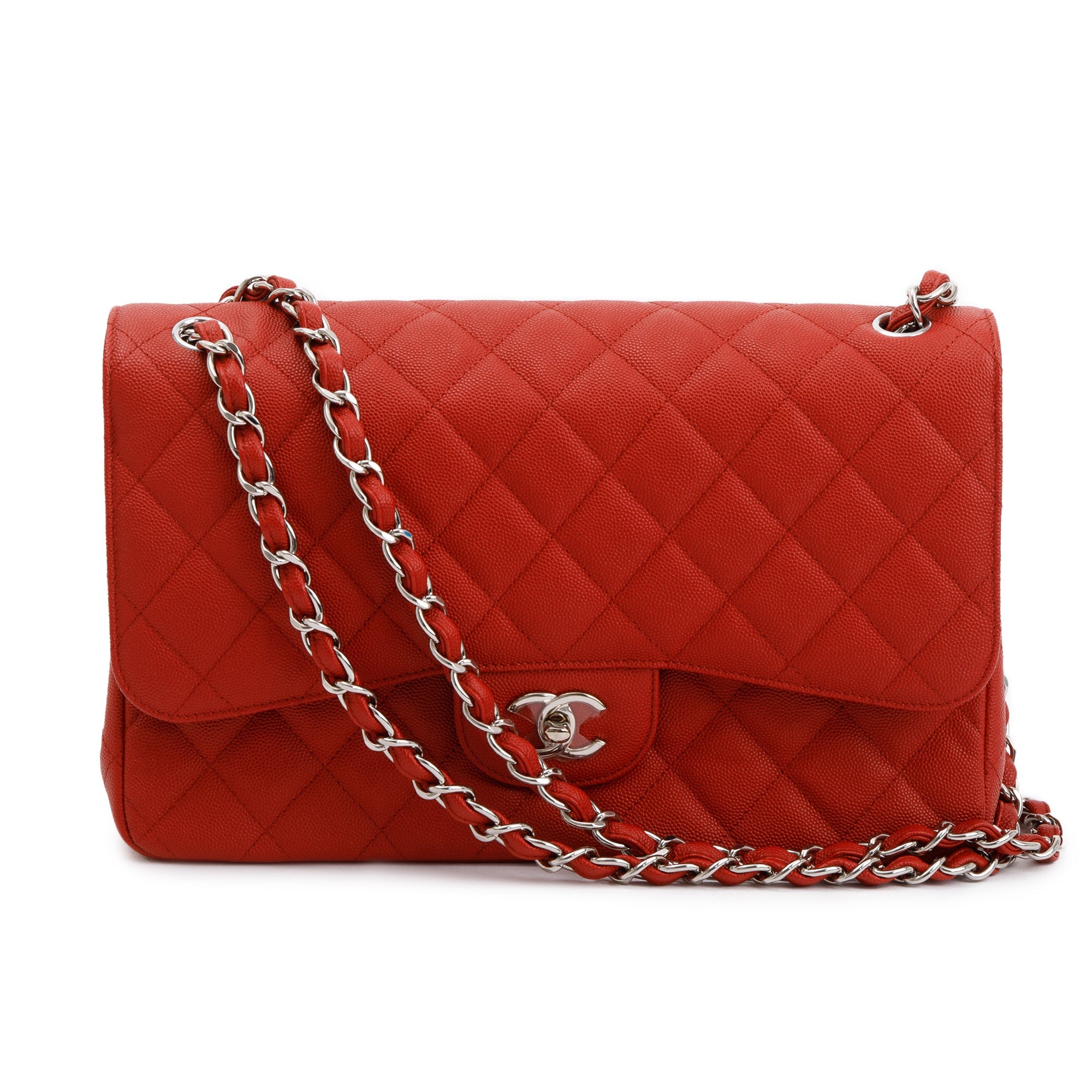 Chanel Red Caviar Classic Jumbo Double Flap Bag w/ Authenticity Card