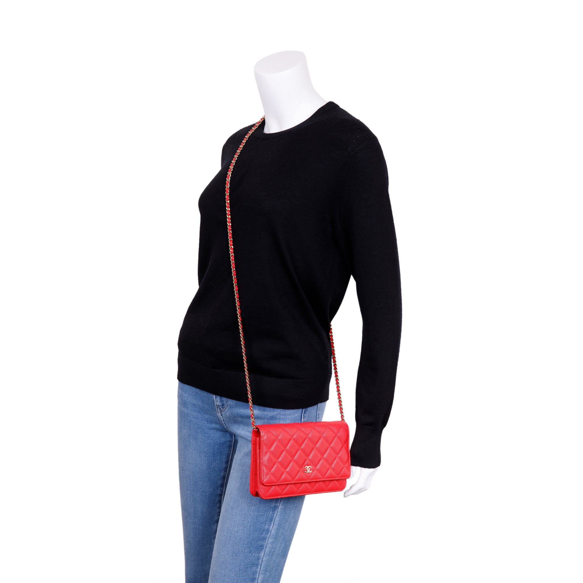 Chanel Red Caviar Classic Wallet on Chain w/ Box & Authenticity Card