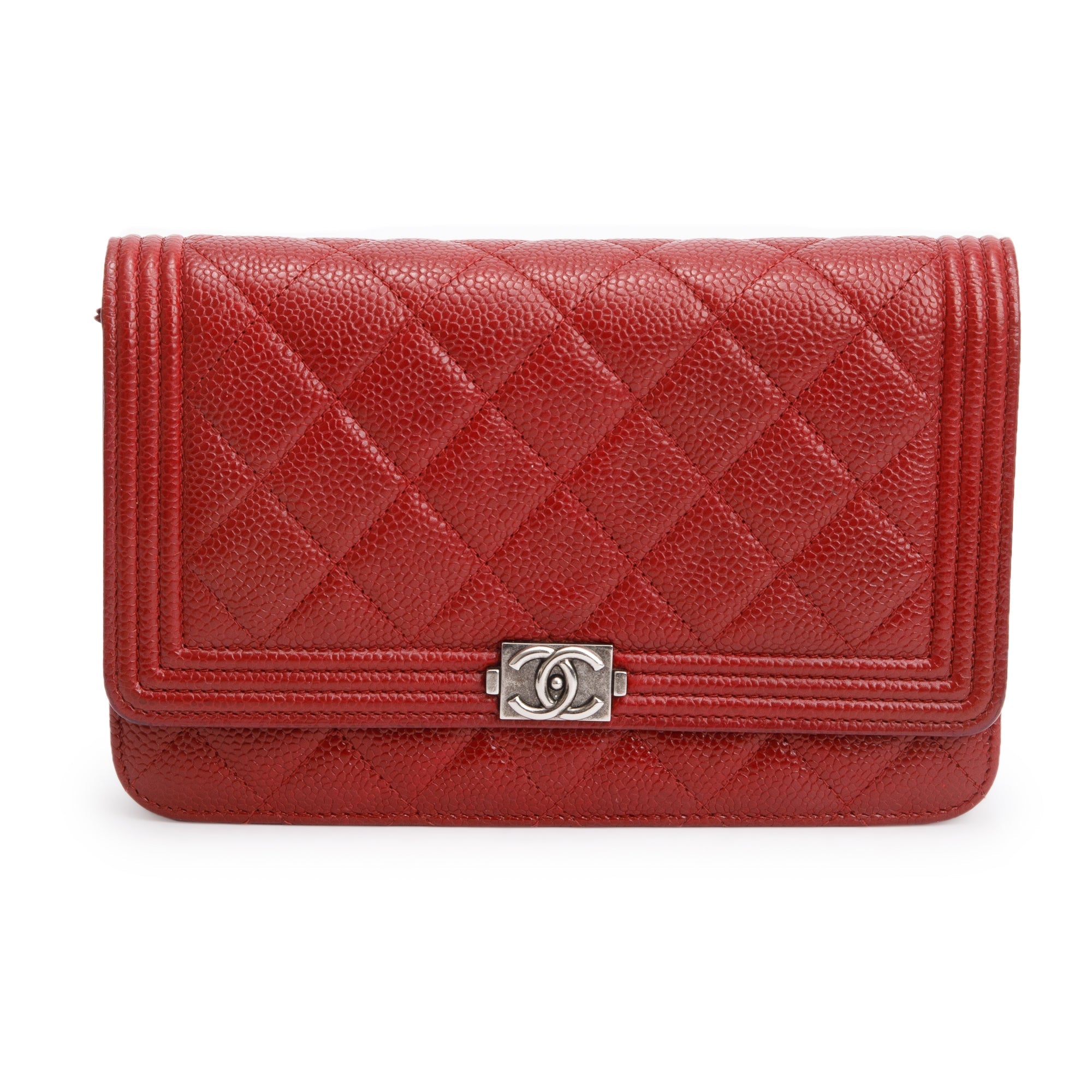 Chanel Red Caviar Leather Boy Wallet on Chain