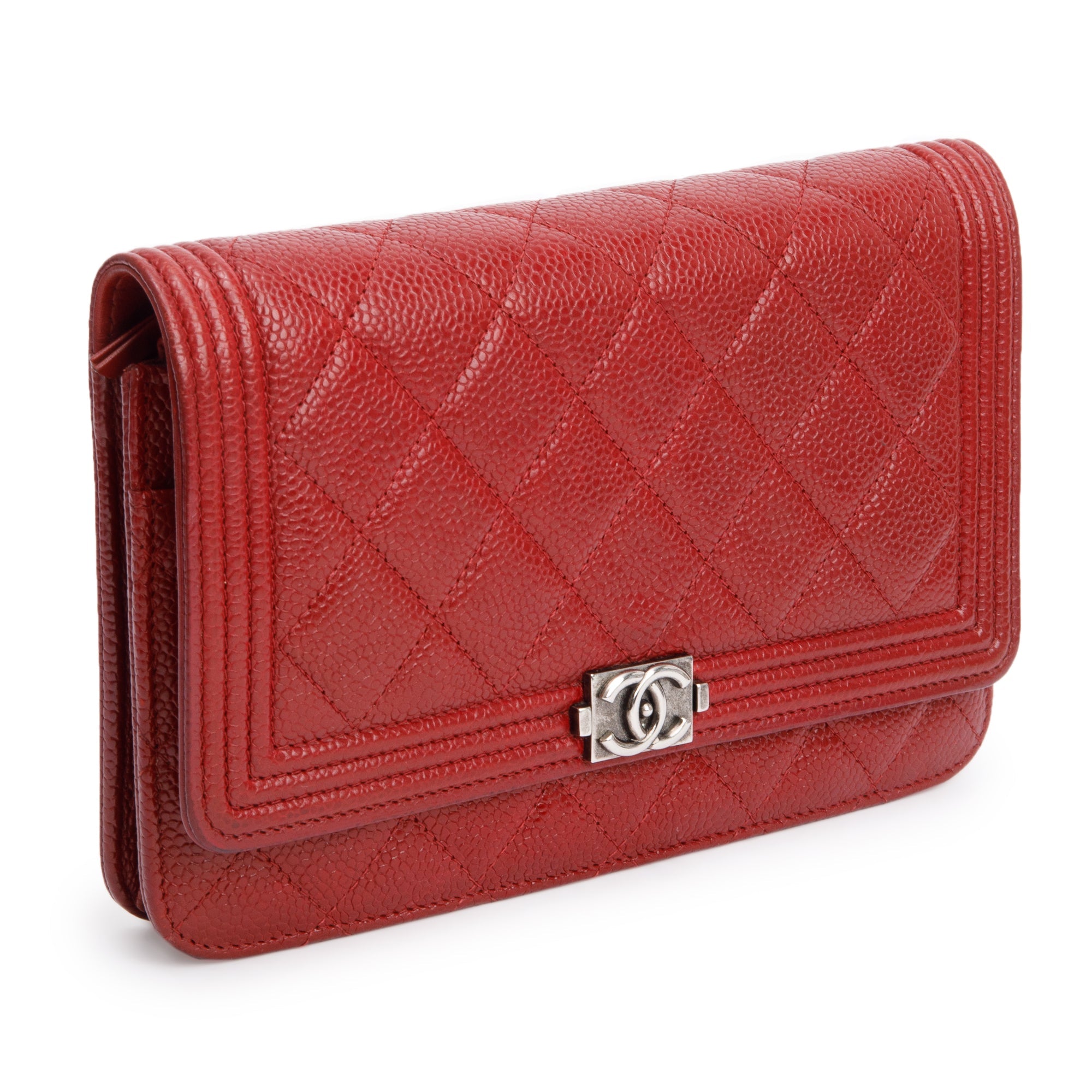 Chanel Red Caviar Leather Boy Wallet on Chain