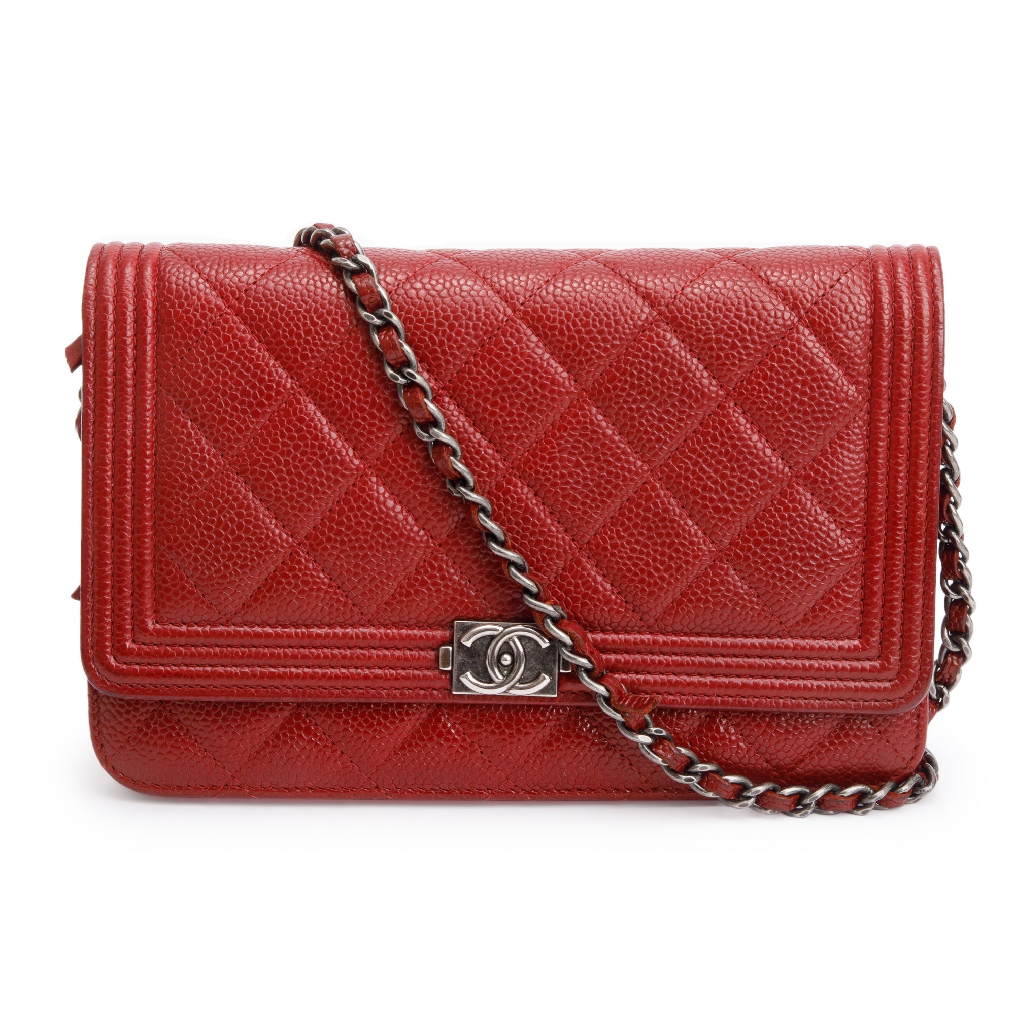 Chanel Red Caviar Leather Boy Wallet on Chain