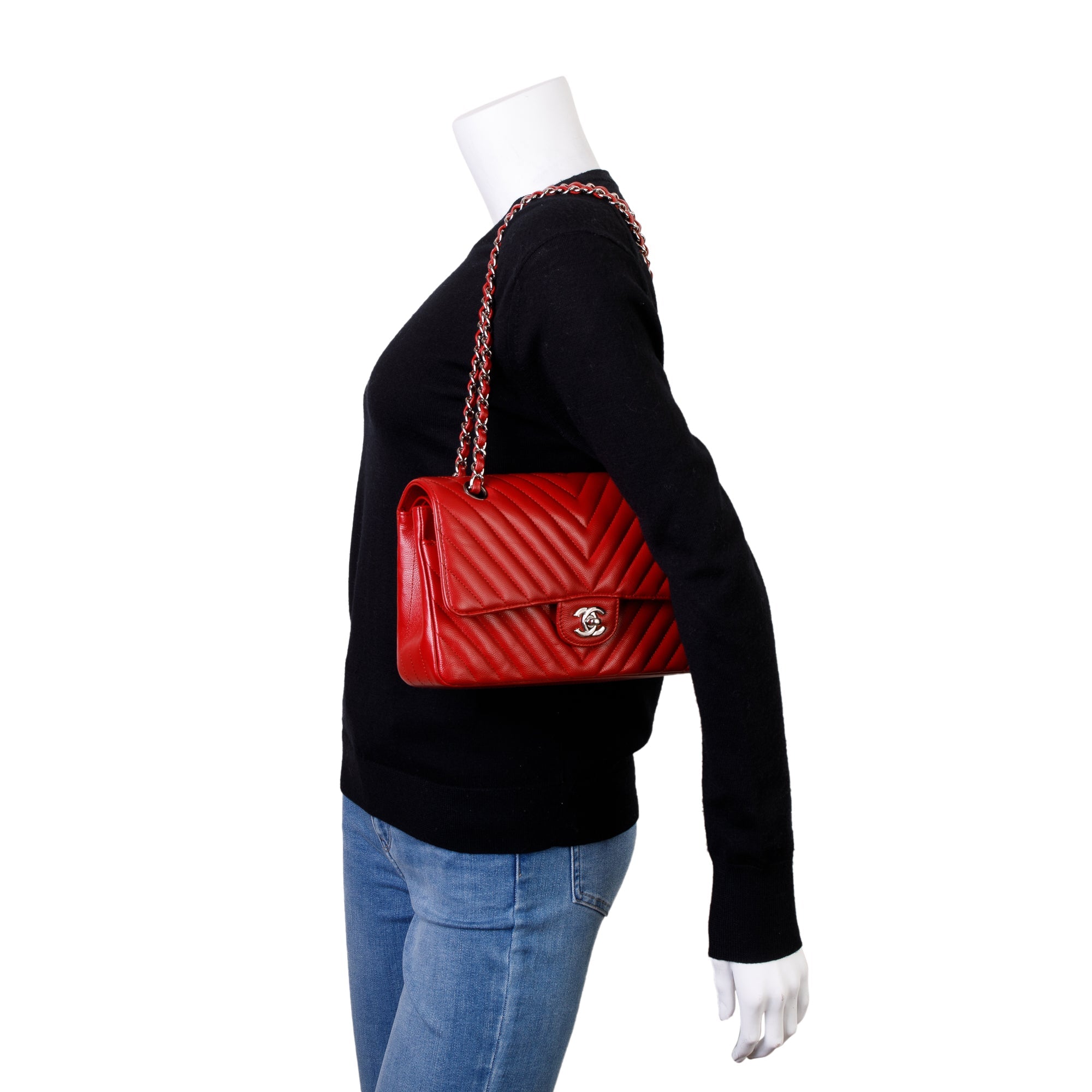 Chanel Red Chevron Calfskin Leather Classic Medium Double Flap Bag