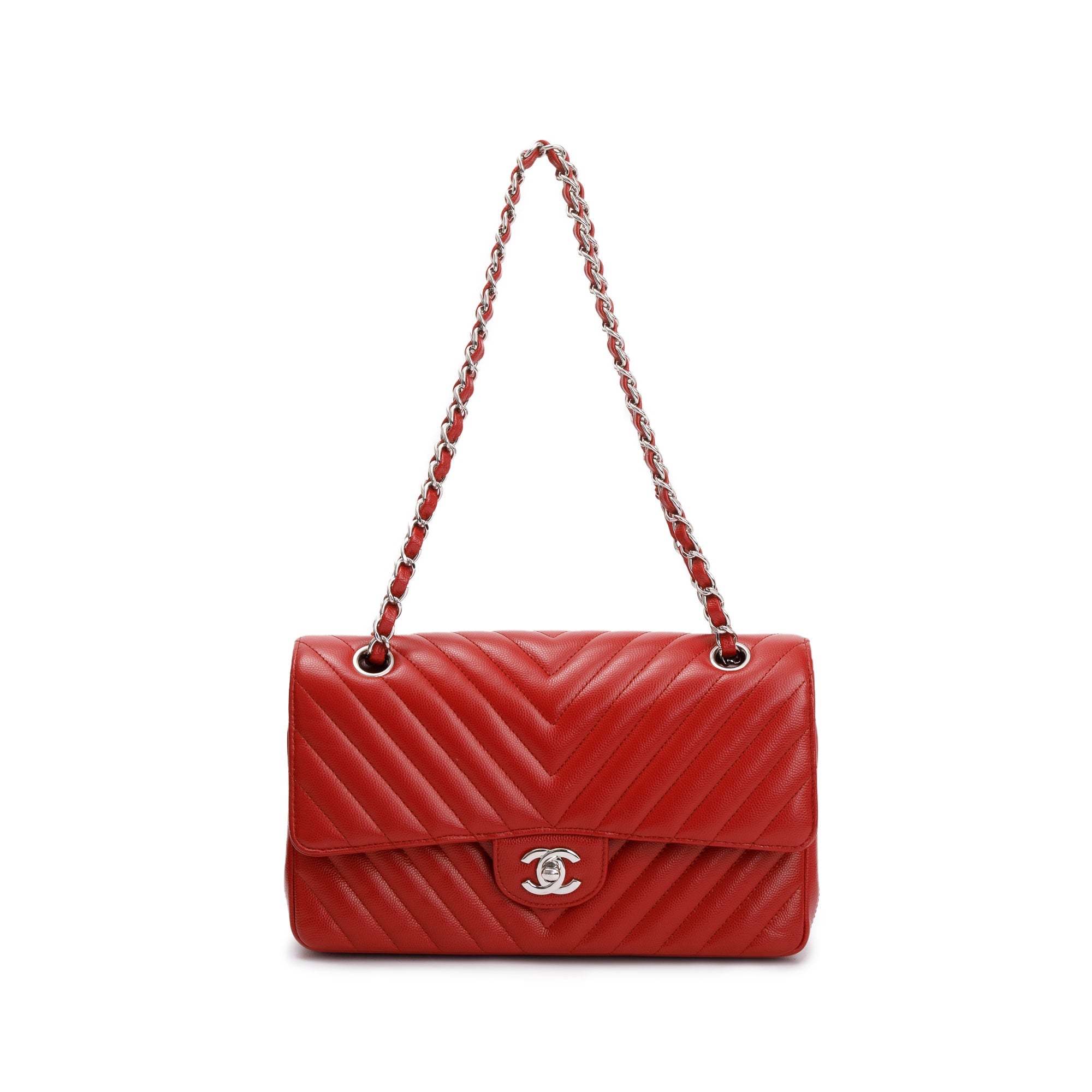 Chanel Red Chevron Calfskin Leather Classic Medium Double Flap Bag