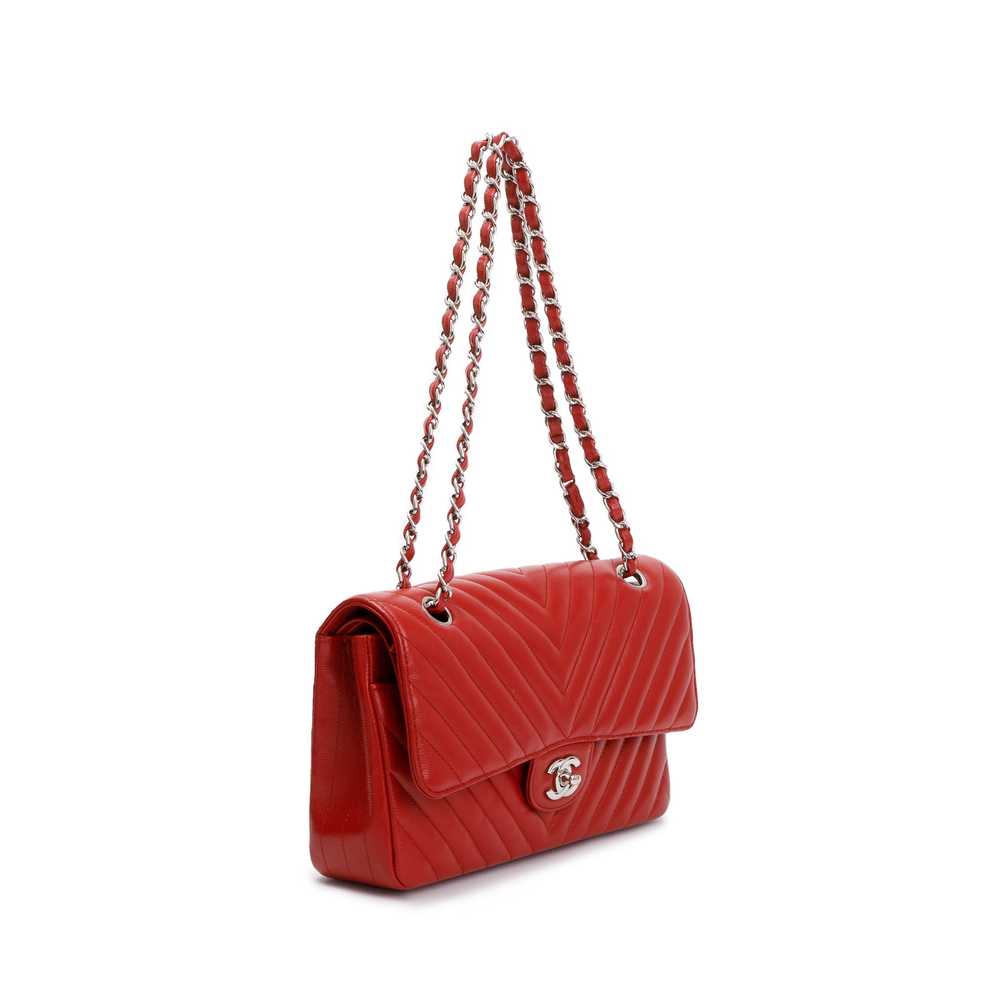 Chanel Red Chevron Calfskin Leather Classic Medium Double Flap Bag
