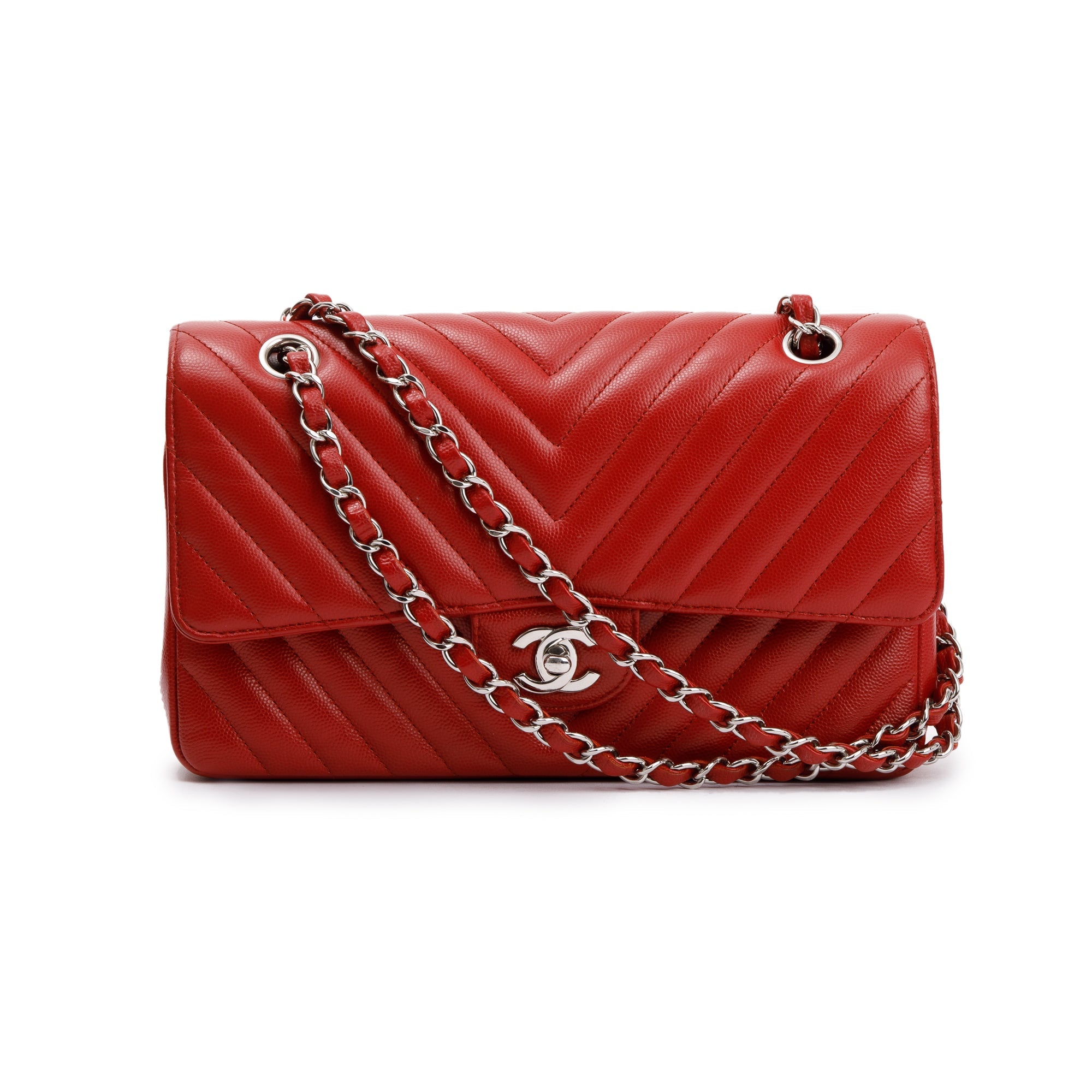 Chanel Red Chevron Calfskin Leather Classic Medium Double Flap Bag