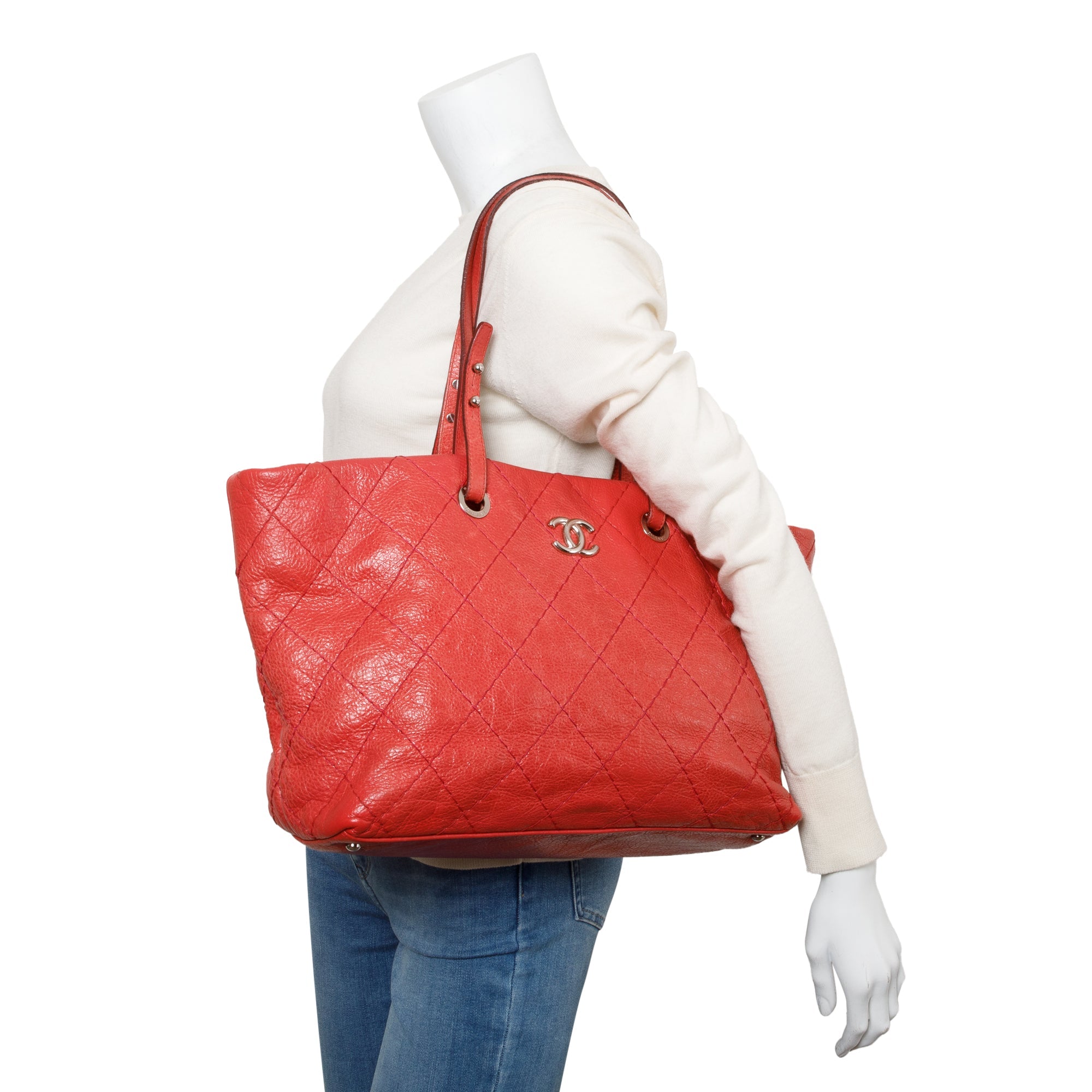 Chanel Red Glazed Calfskin Leather On The Road Tote