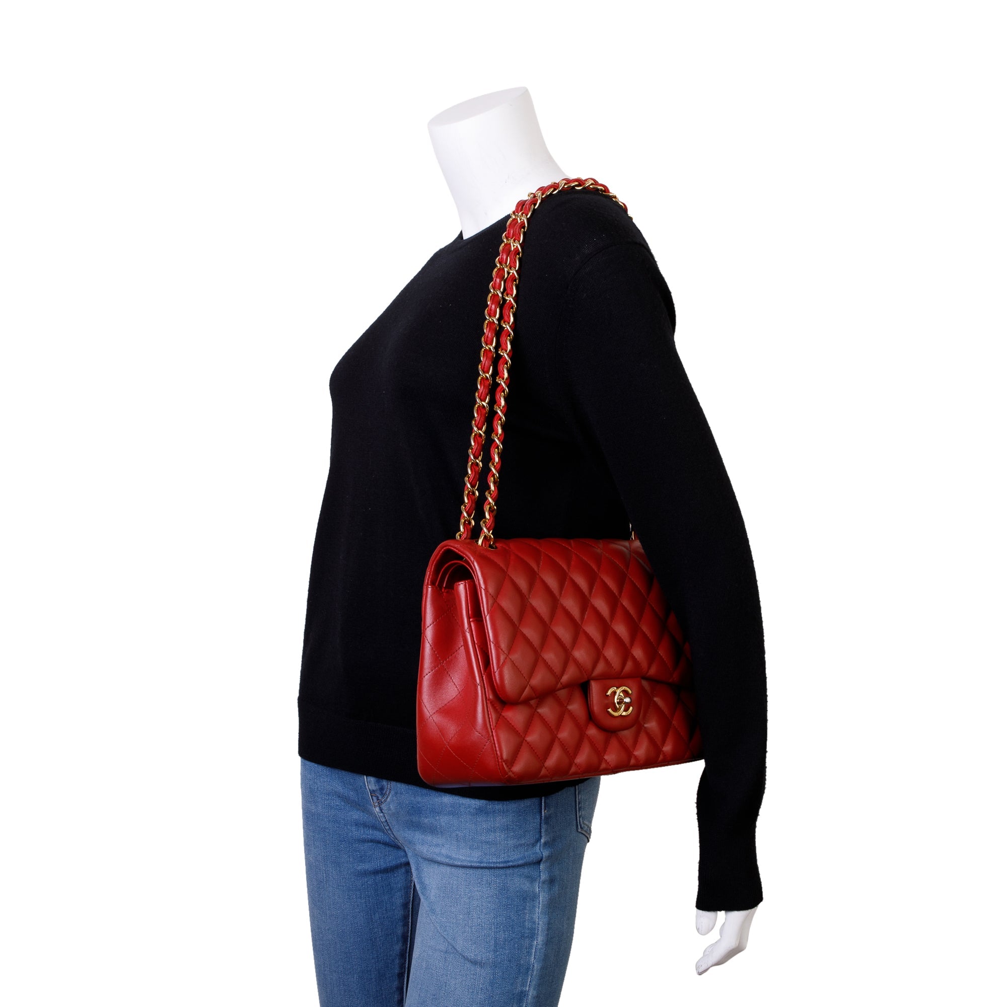 Chanel Red Lambskin Classic Jumbo Double Flap Bag