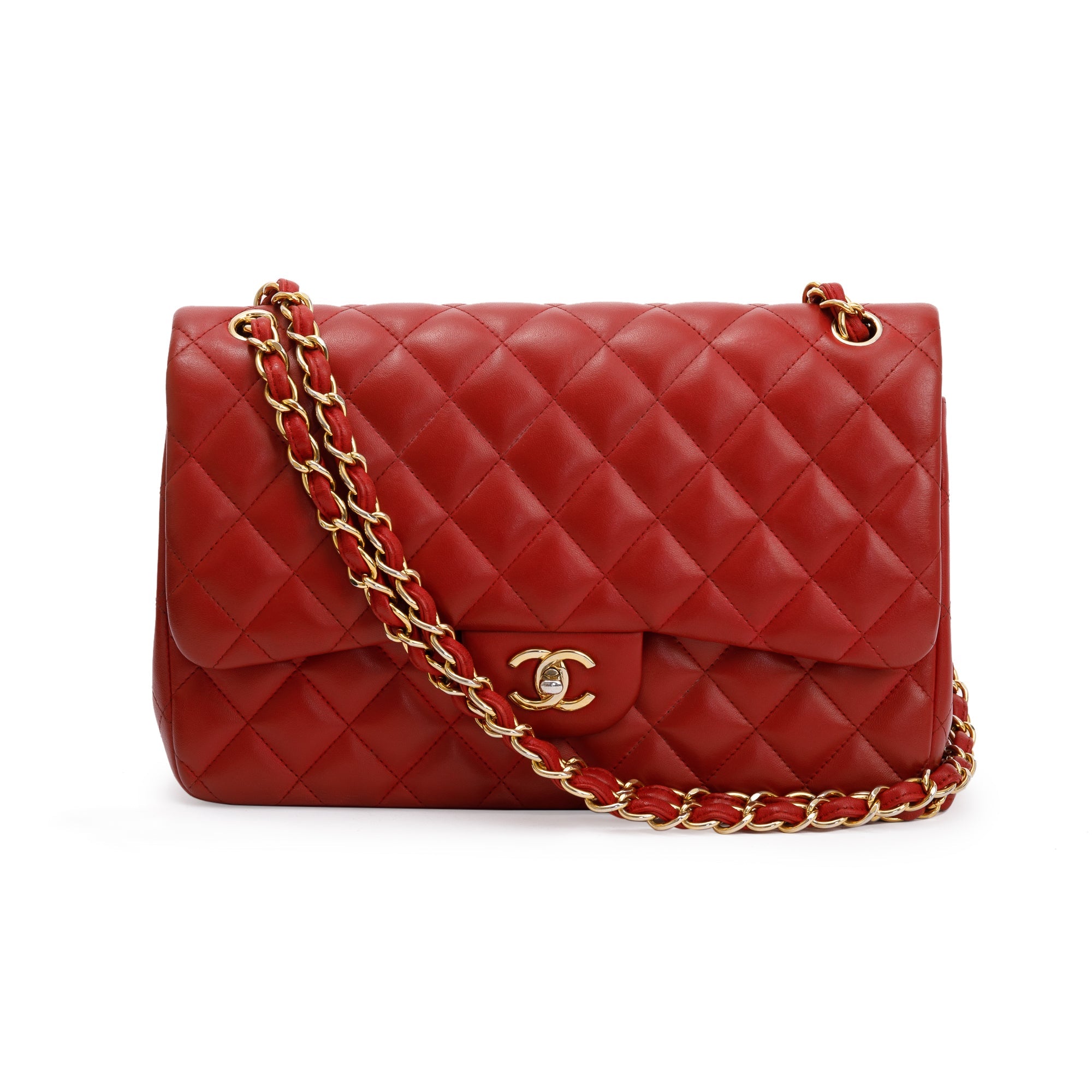 Chanel Red Lambskin Classic Jumbo Double Flap Bag