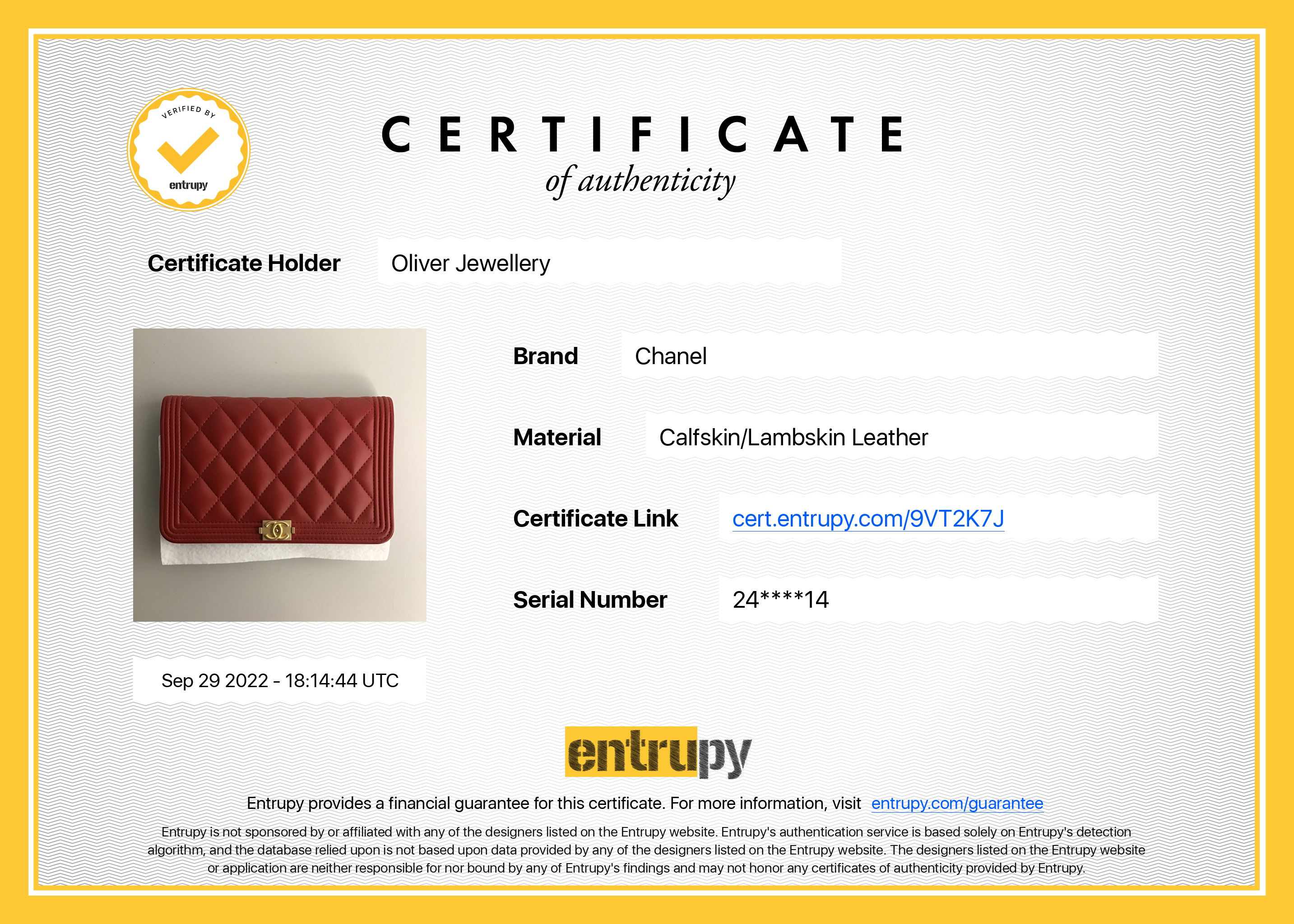 Chanel Red Lambskin Leather Boy Wallet on Chain w/ Box & Authenticity Card