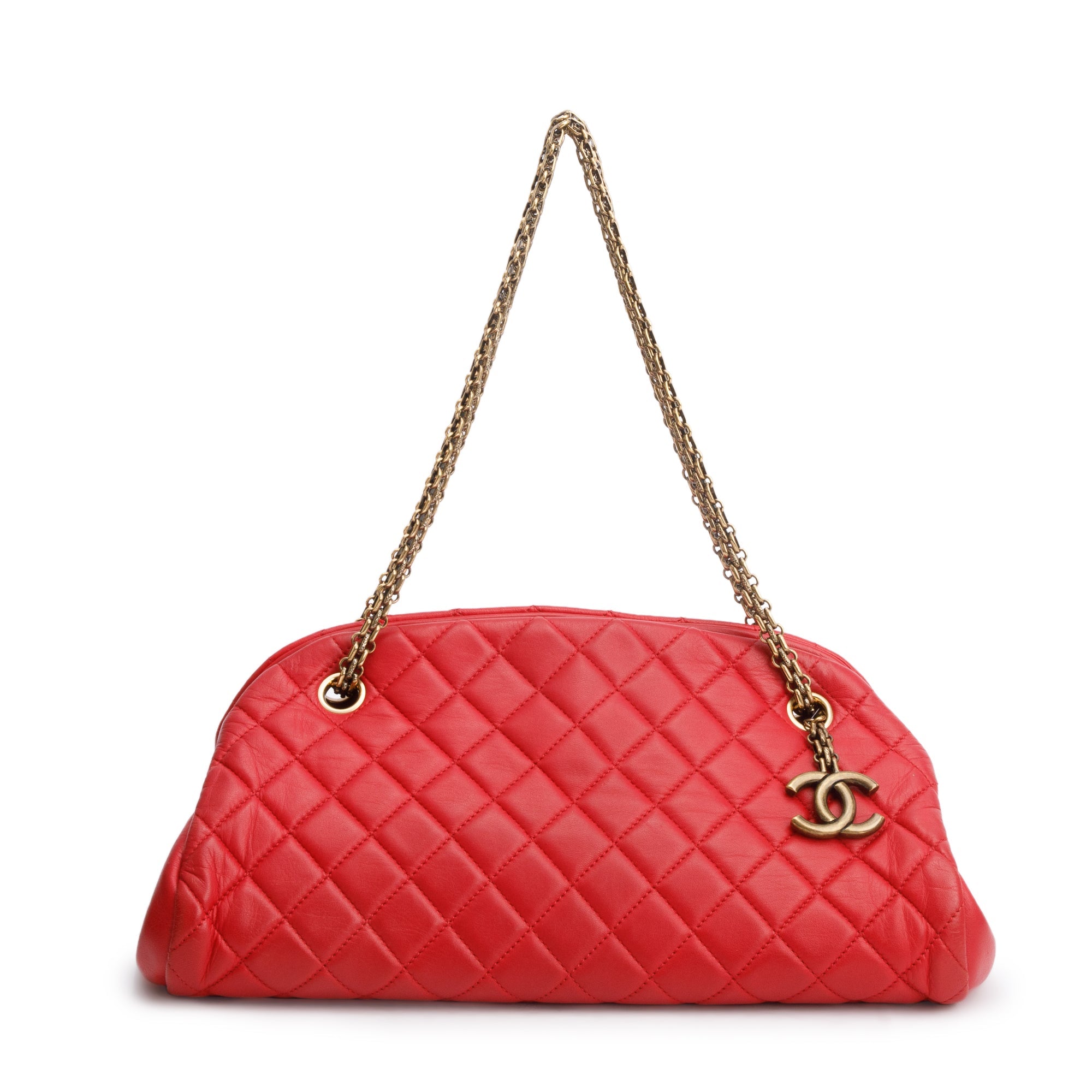 Chanel Red Lambskin Leather Just Mademoiselle Medium Bowler Bag w/ Authenticity Card
