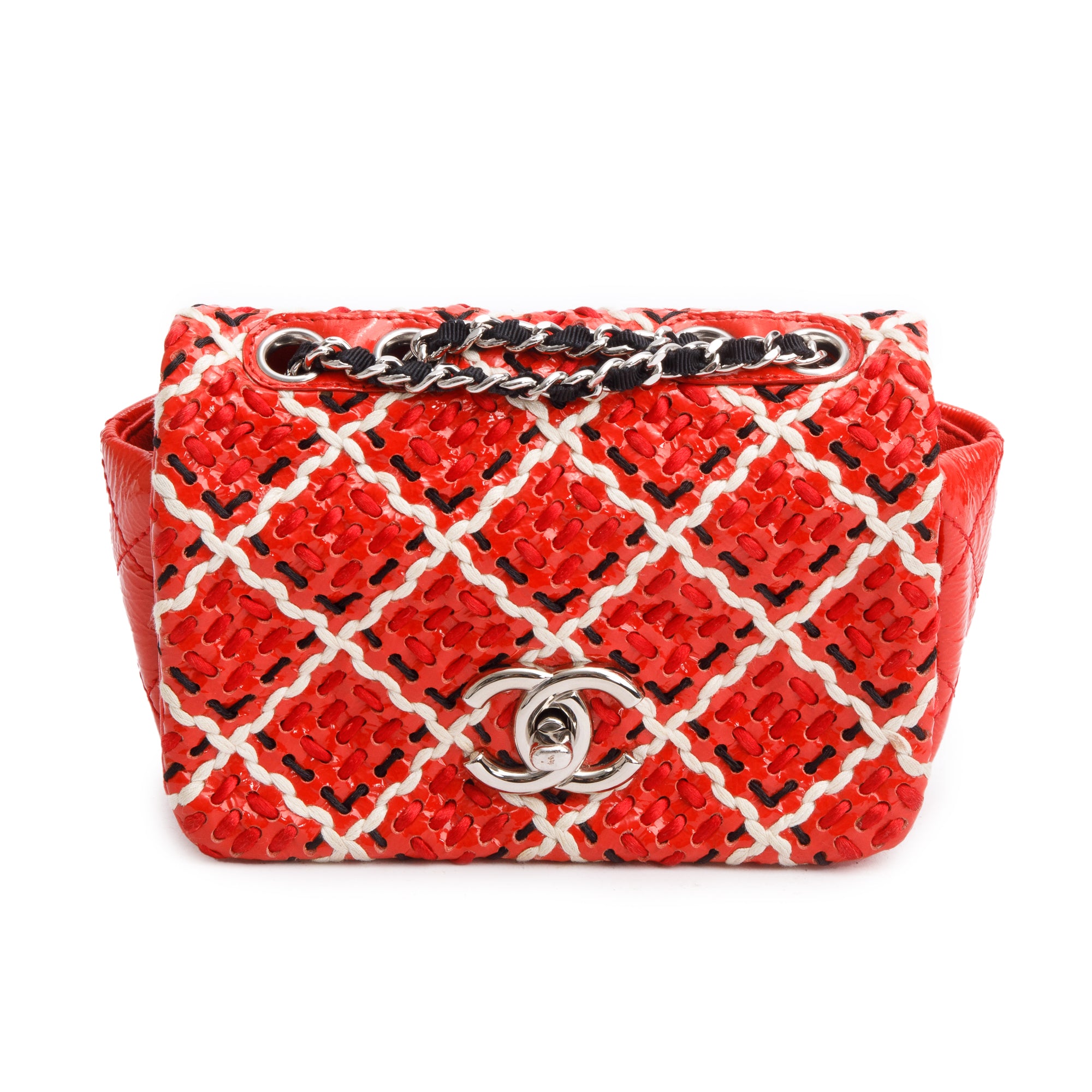 Chanel Red Patent Leather Woven Stitch CC Mini Full Flap Bag