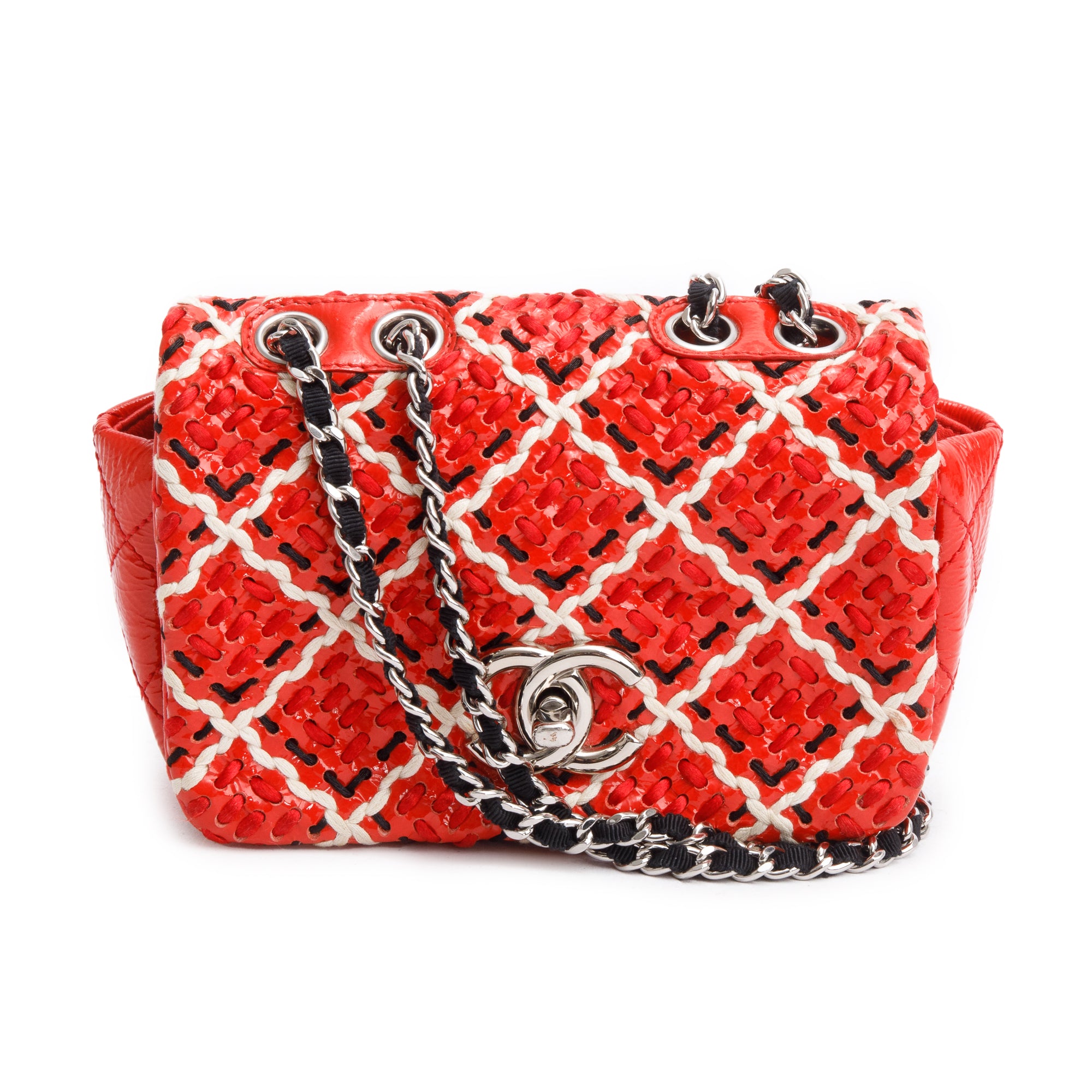 Chanel Red Patent Leather Woven Stitch CC Mini Full Flap Bag