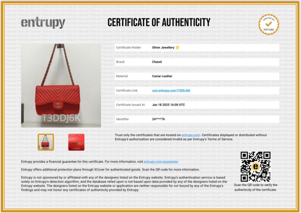 Chanel Red Quilted Caviar Leather Chevron Jumbo Double Flap Bag w/ Authenticity Card