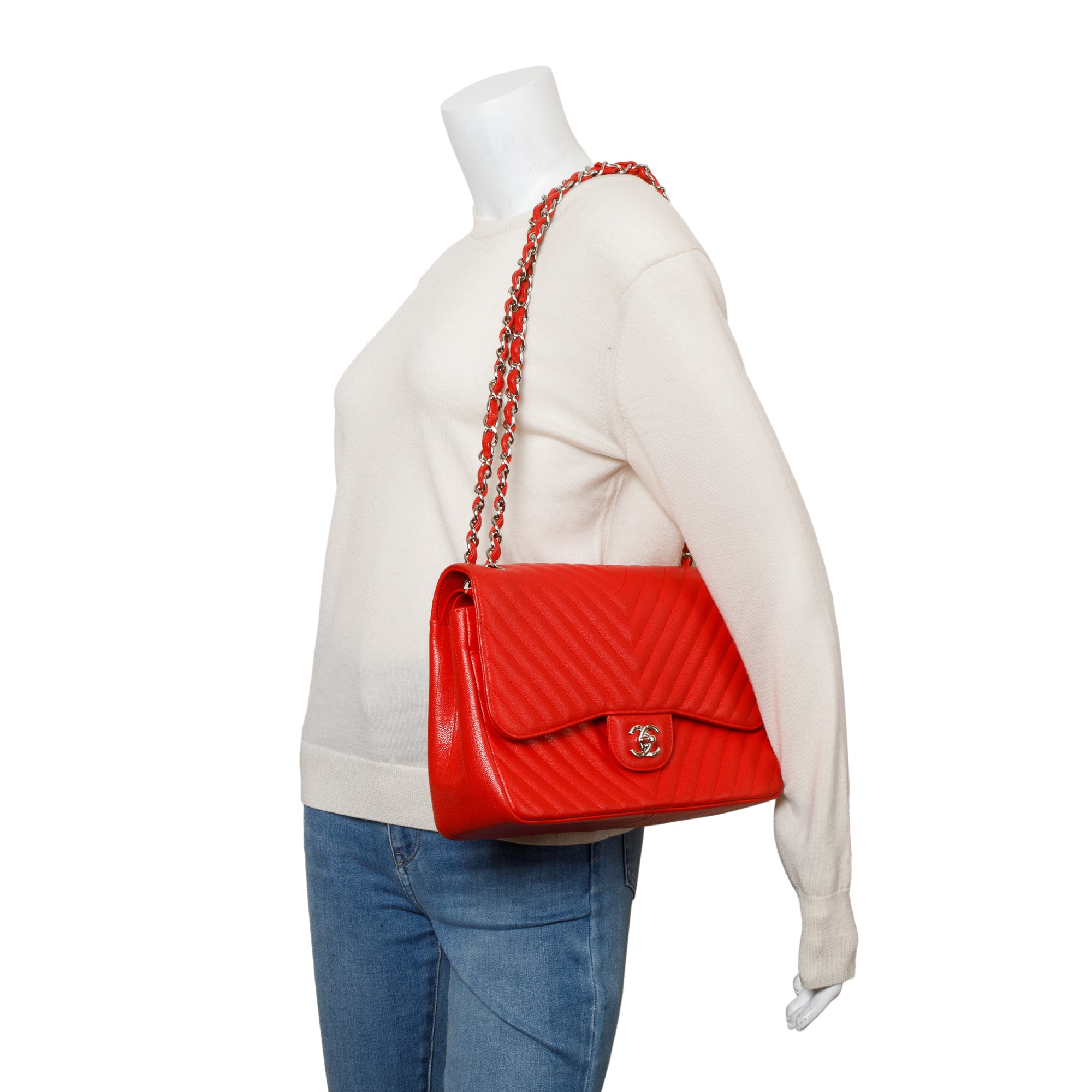 Chanel Red Quilted Caviar Leather Chevron Jumbo Double Flap Bag w/ Authenticity Card