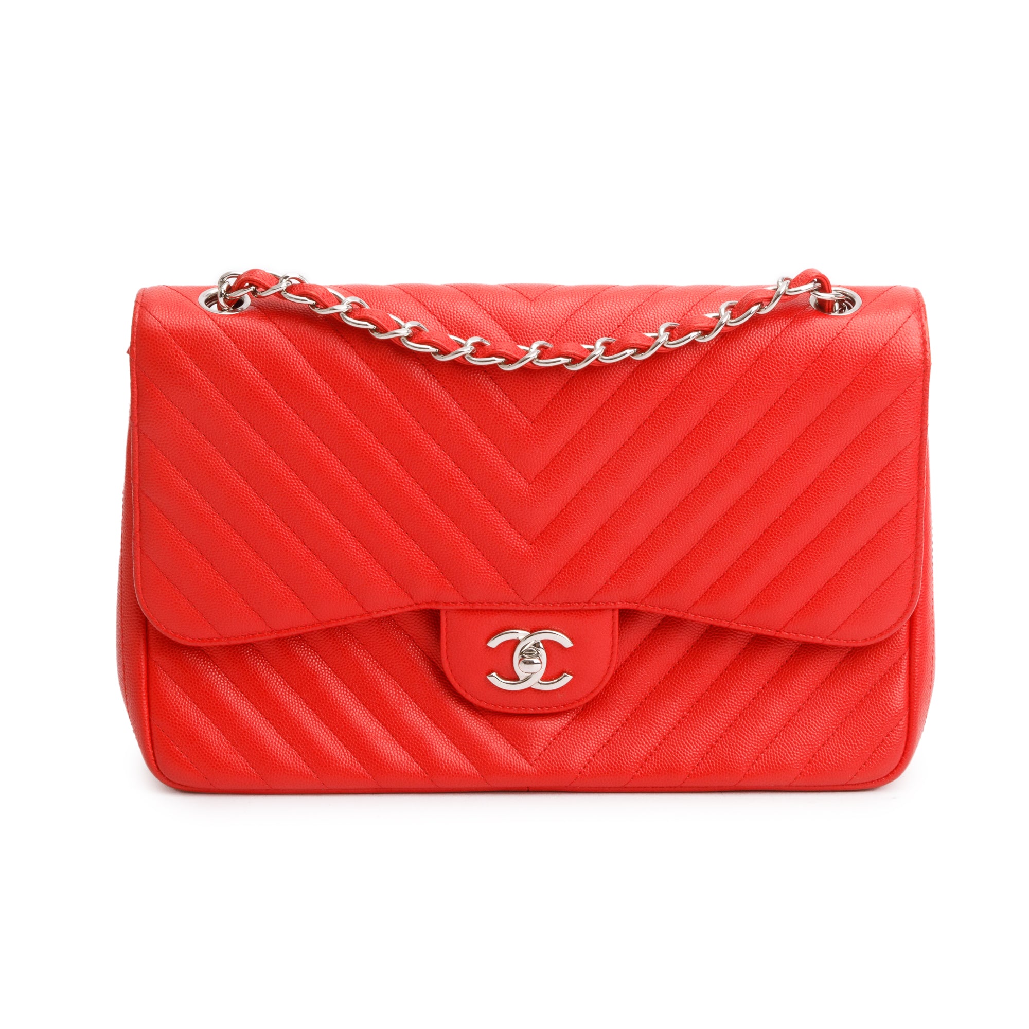 Chanel Red Quilted Caviar Leather Chevron Jumbo Double Flap Bag w/ Authenticity Card