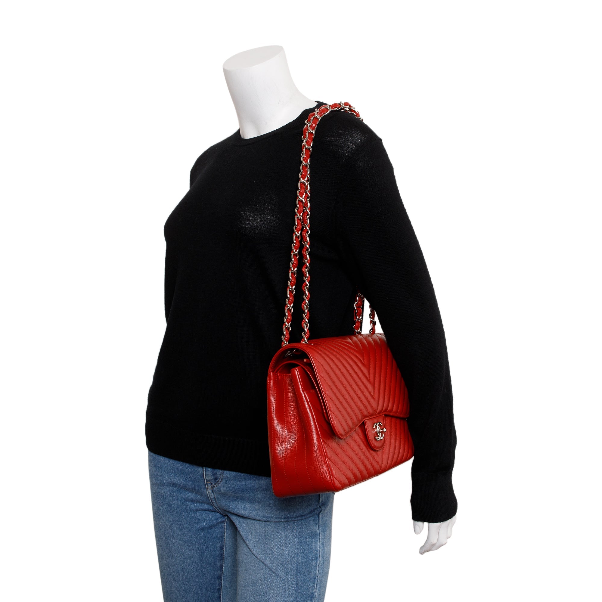 Chanel Red Quilted Caviar Leather Chevron Jumbo Double Flap Bag w/ Box & Authenticity Card
