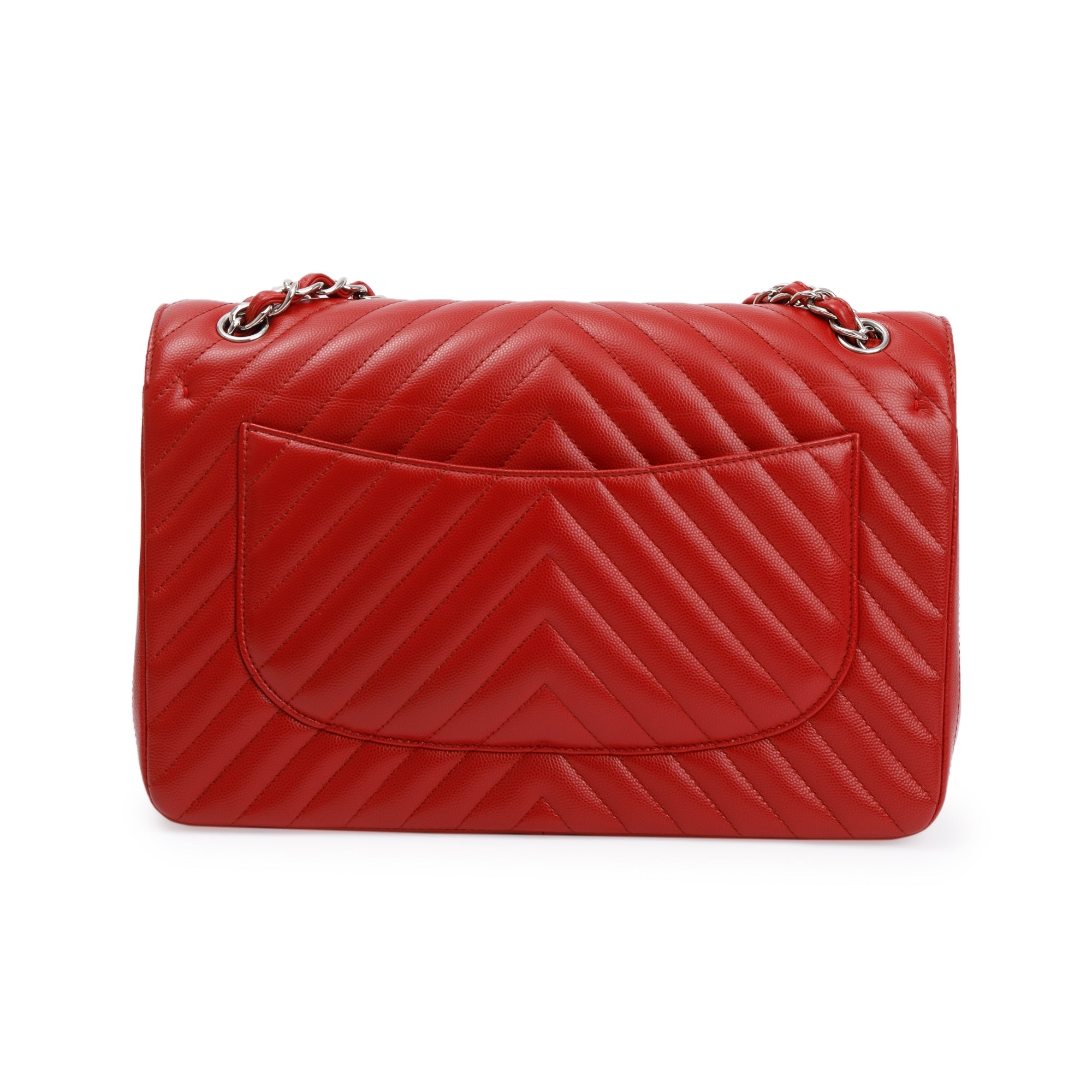 Chanel Red Quilted Caviar Leather Chevron Jumbo Double Flap Bag w/ Box & Authenticity Card