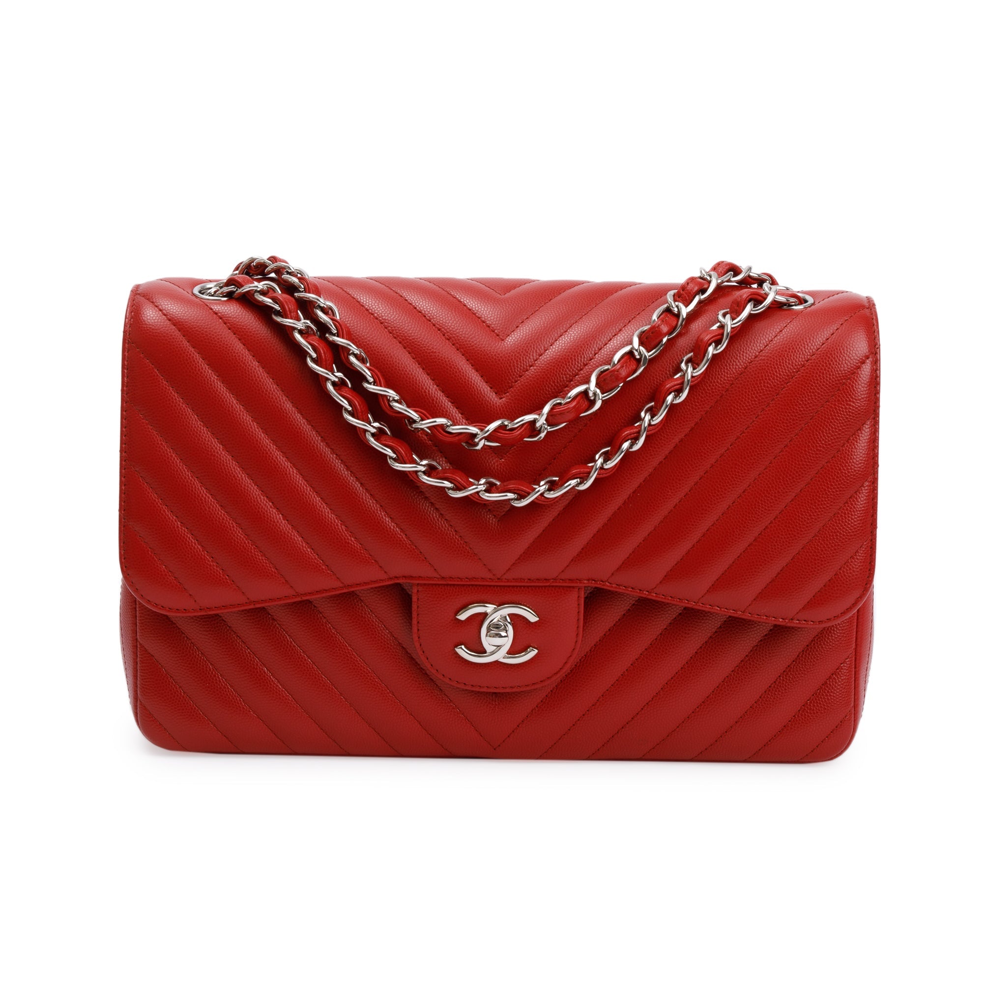 Chanel Red Quilted Caviar Leather Chevron Jumbo Double Flap Bag w/ Box & Authenticity Card