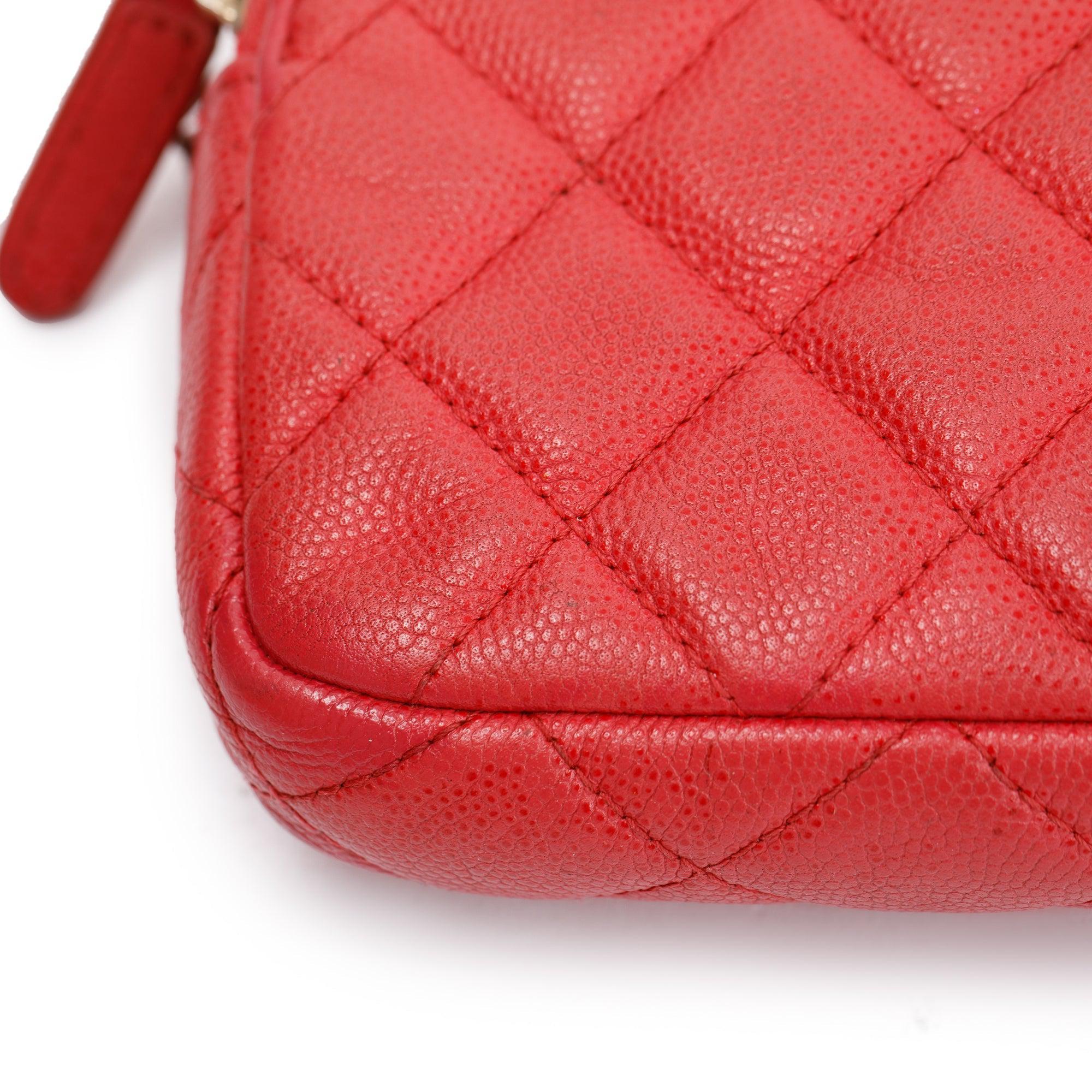 Chanel Red Quilted Caviar Leather Classic Double Zip Wallet on Chain w/ Box & Authenticity Card