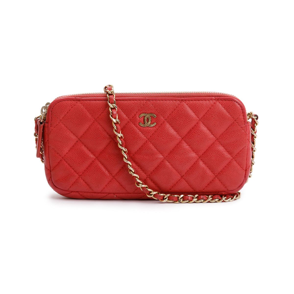 Chanel Red Quilted Caviar Leather Classic Double Zip Wallet on Chain w