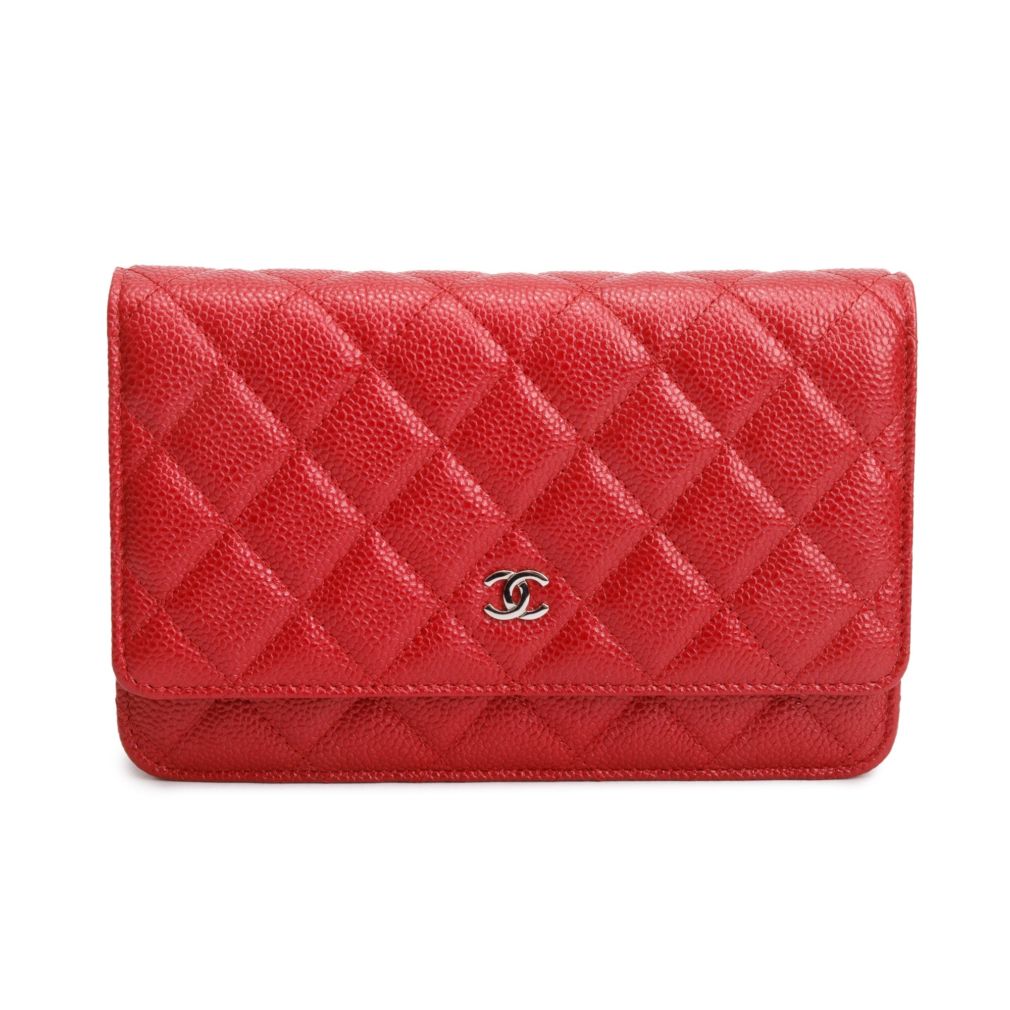 Chanel Red Quilted Caviar Leather Classic Wallet on Chain w/ Box