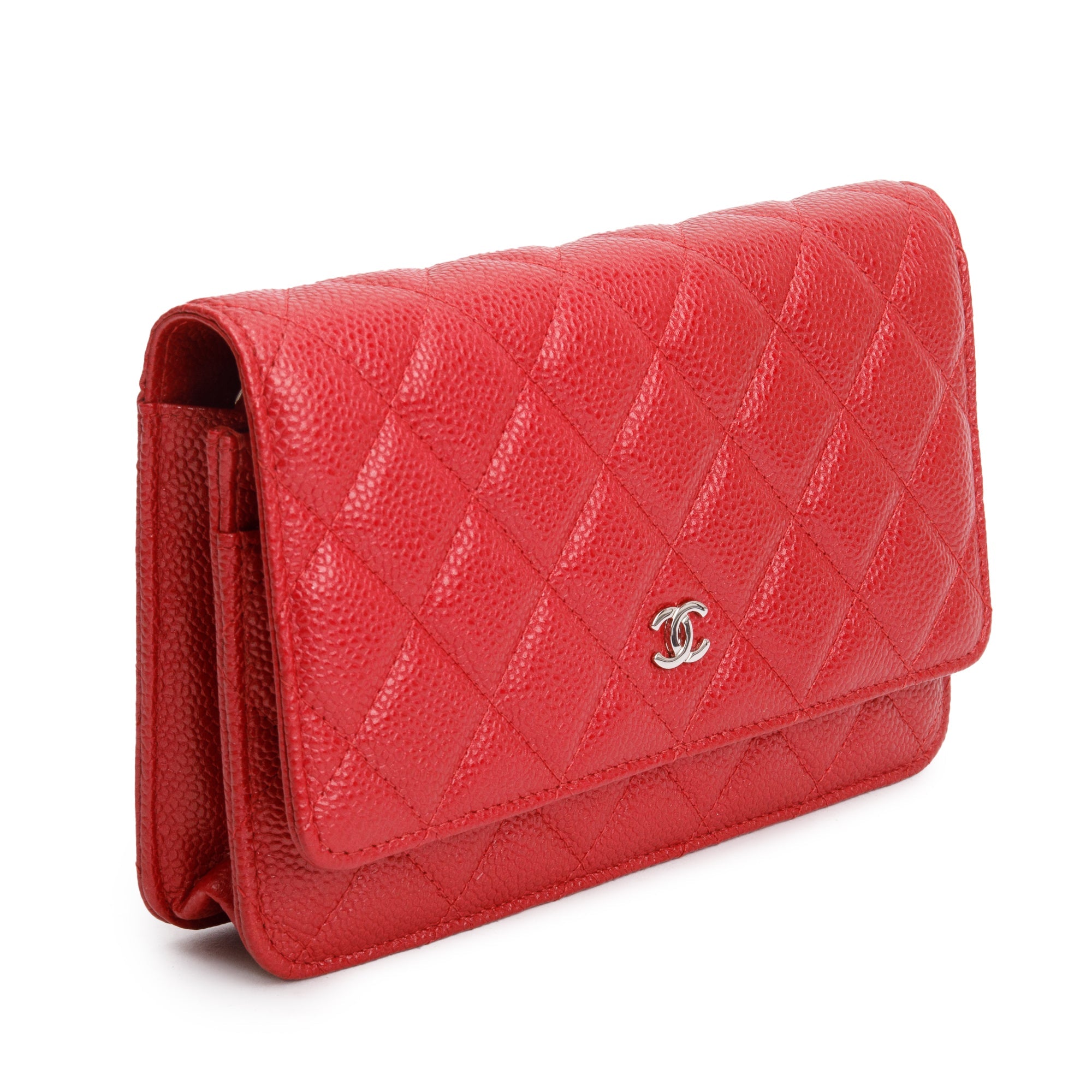 Chanel Red Quilted Caviar Leather Classic Wallet on Chain w/ Box
