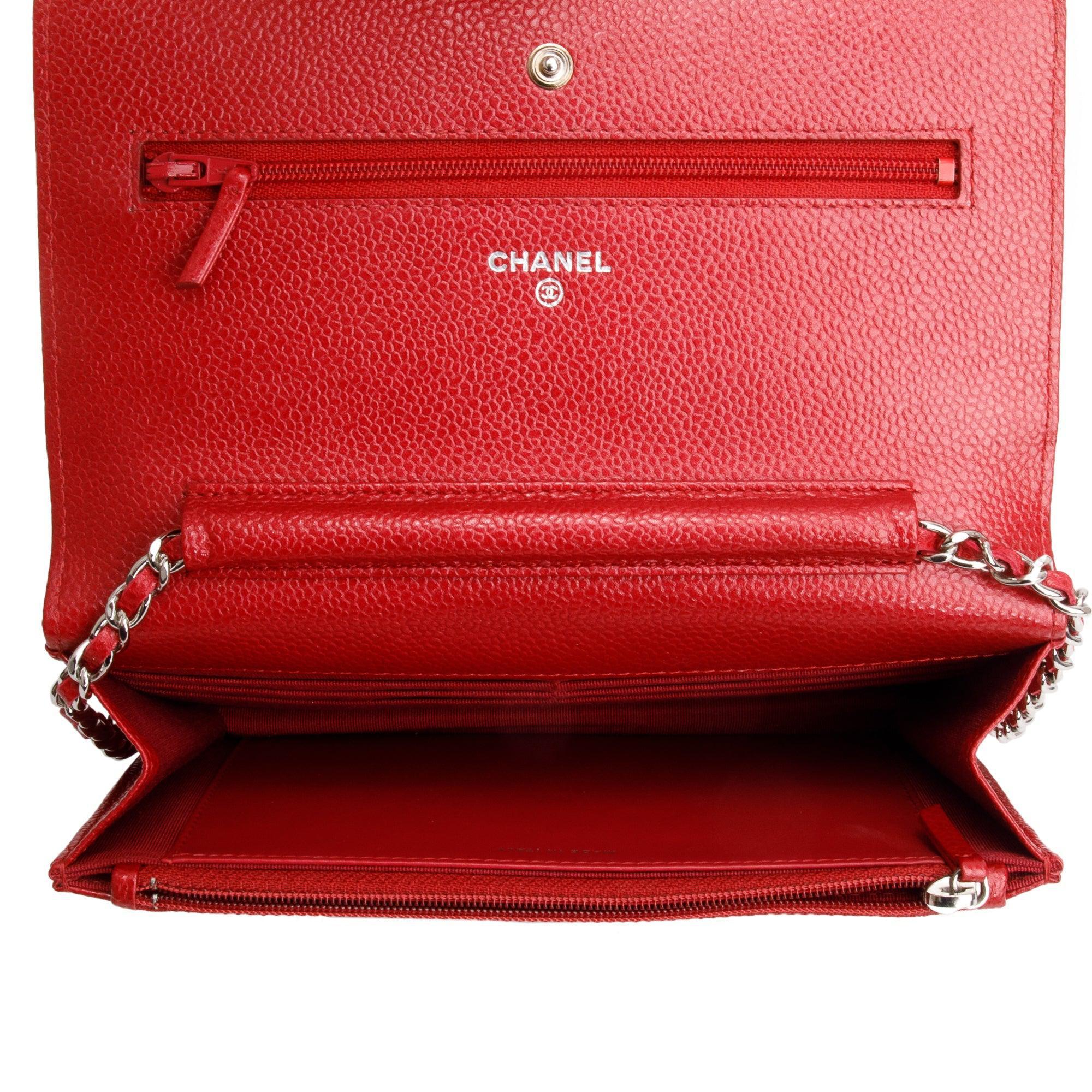 Chanel Red Quilted Caviar Leather Classic Wallet on Chain w/ Box