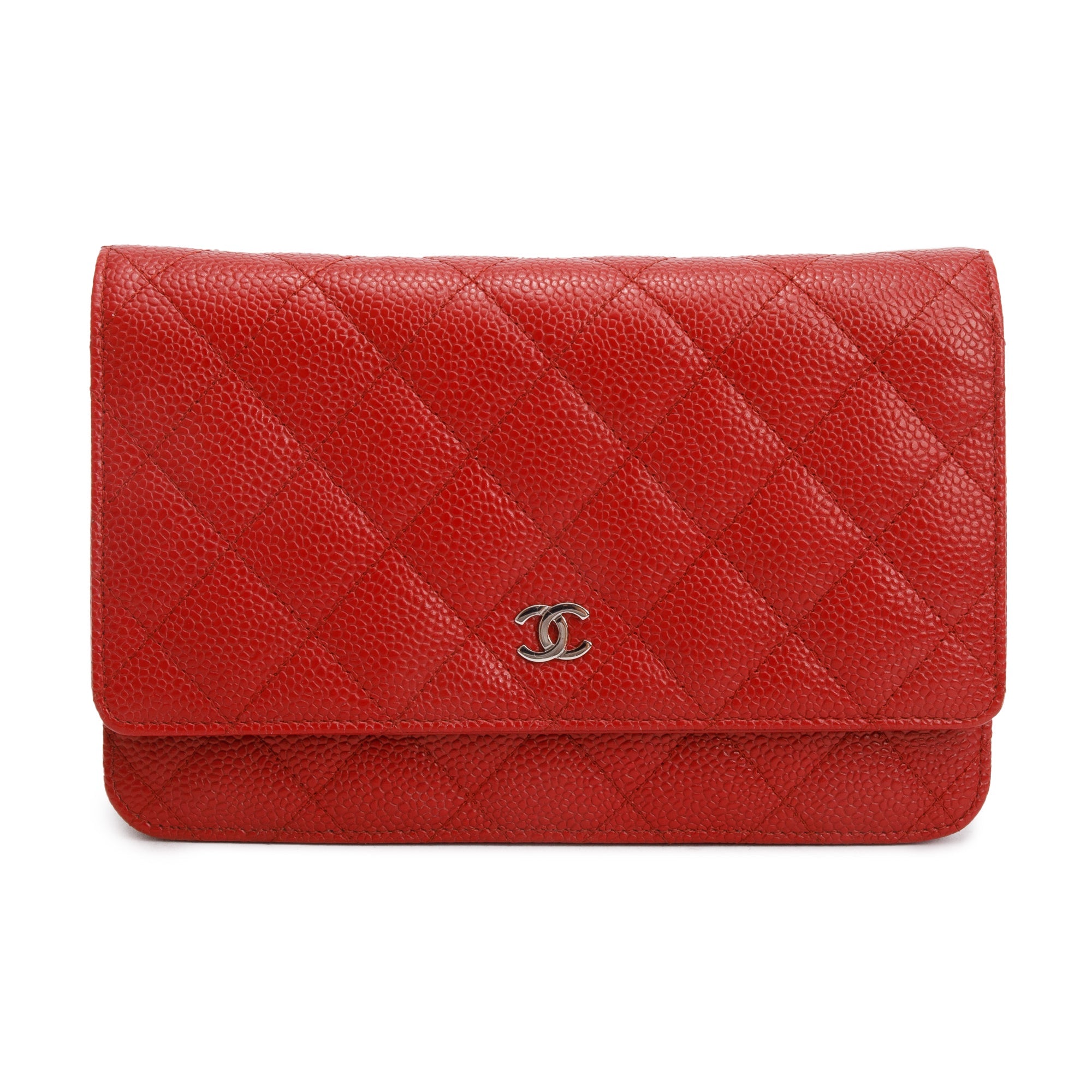 Chanel Red Quilted Caviar Leather Classic Wallet on Chain w/ Box & Authenticity Card