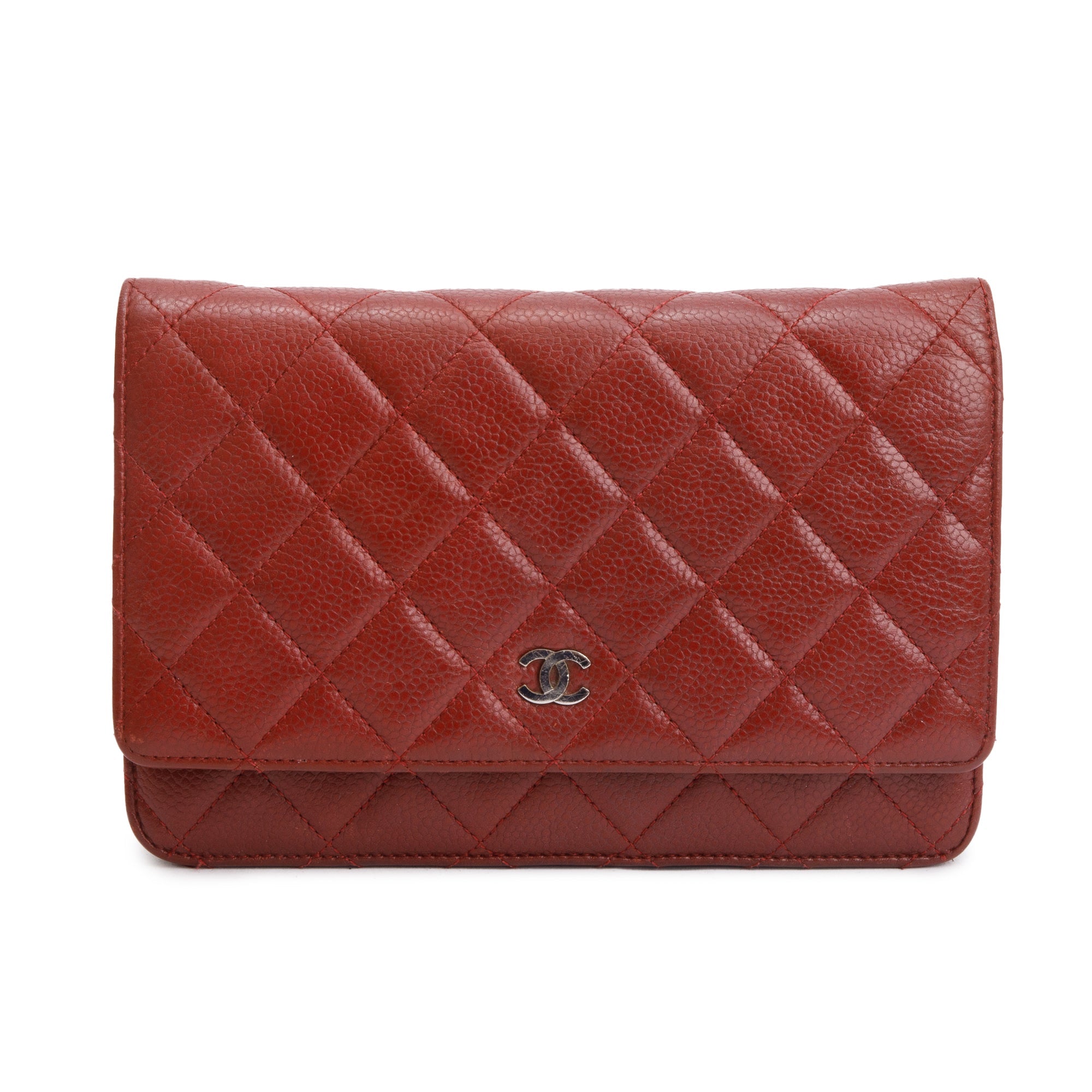 Chanel Red Quilted Caviar Leather Classic Wallet on Chain w/ Box & Authenticity Card