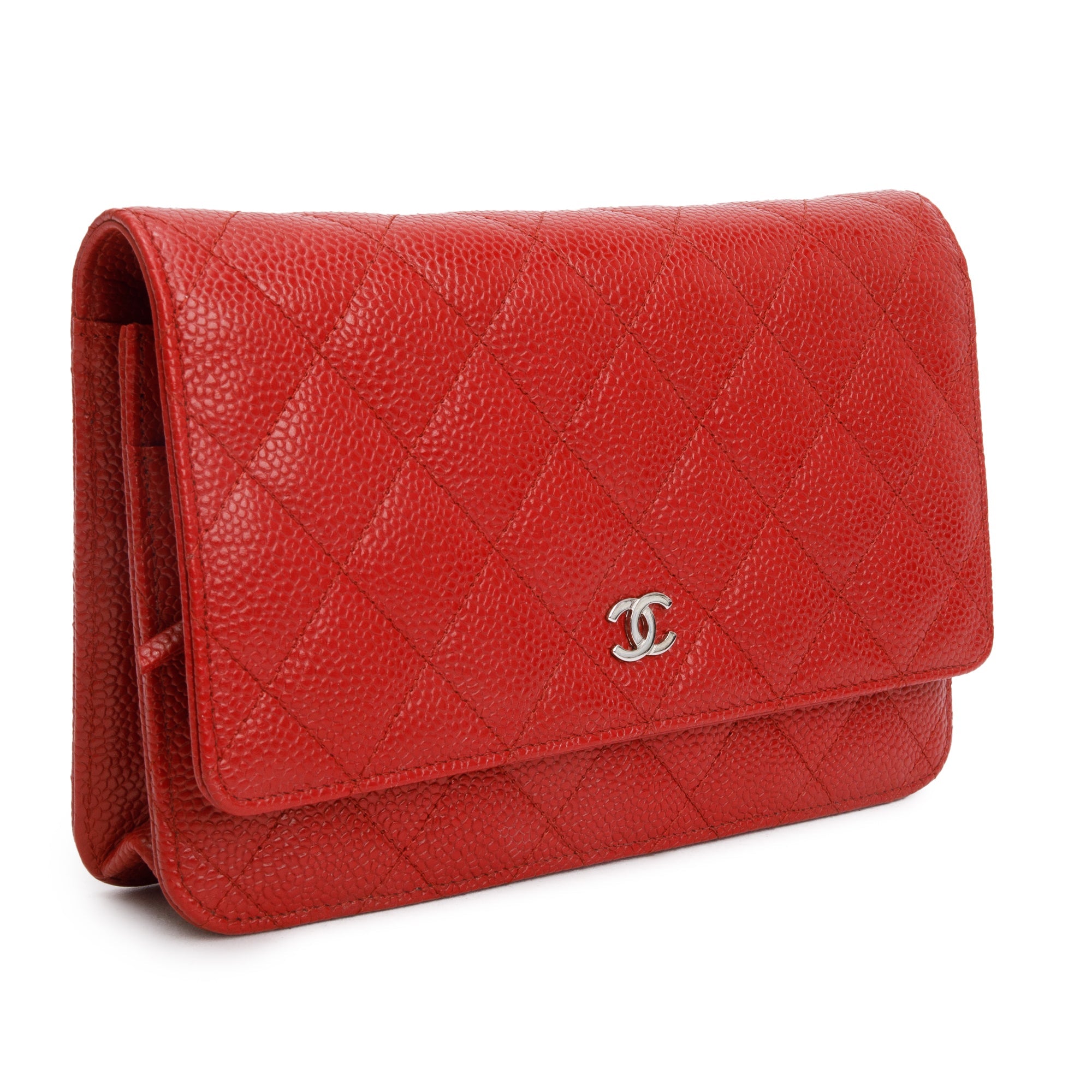 Chanel Red Quilted Caviar Leather Classic Wallet on Chain w/ Box & Authenticity Card