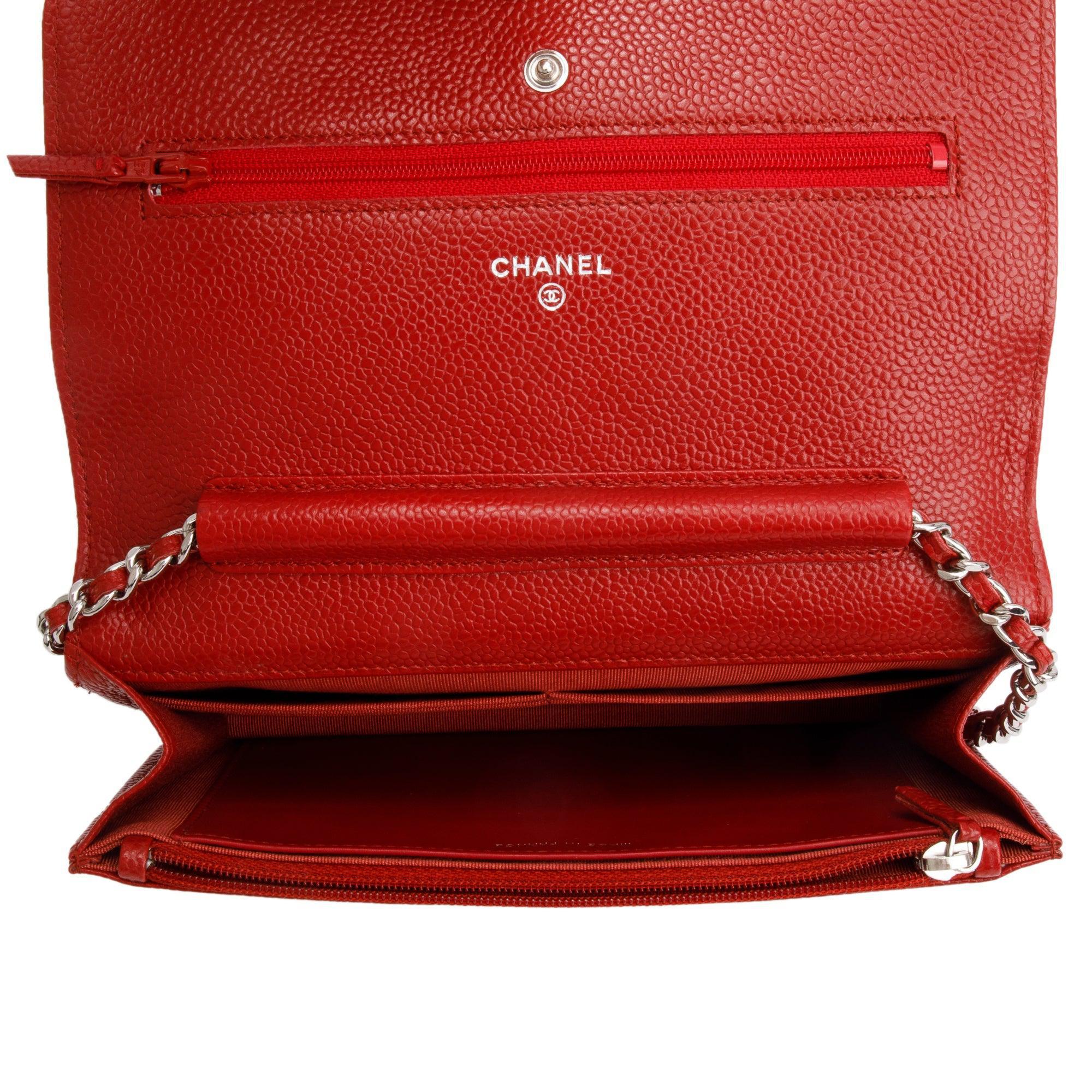 Chanel Red Quilted Caviar Leather Classic Wallet on Chain w/ Box & Authenticity Card