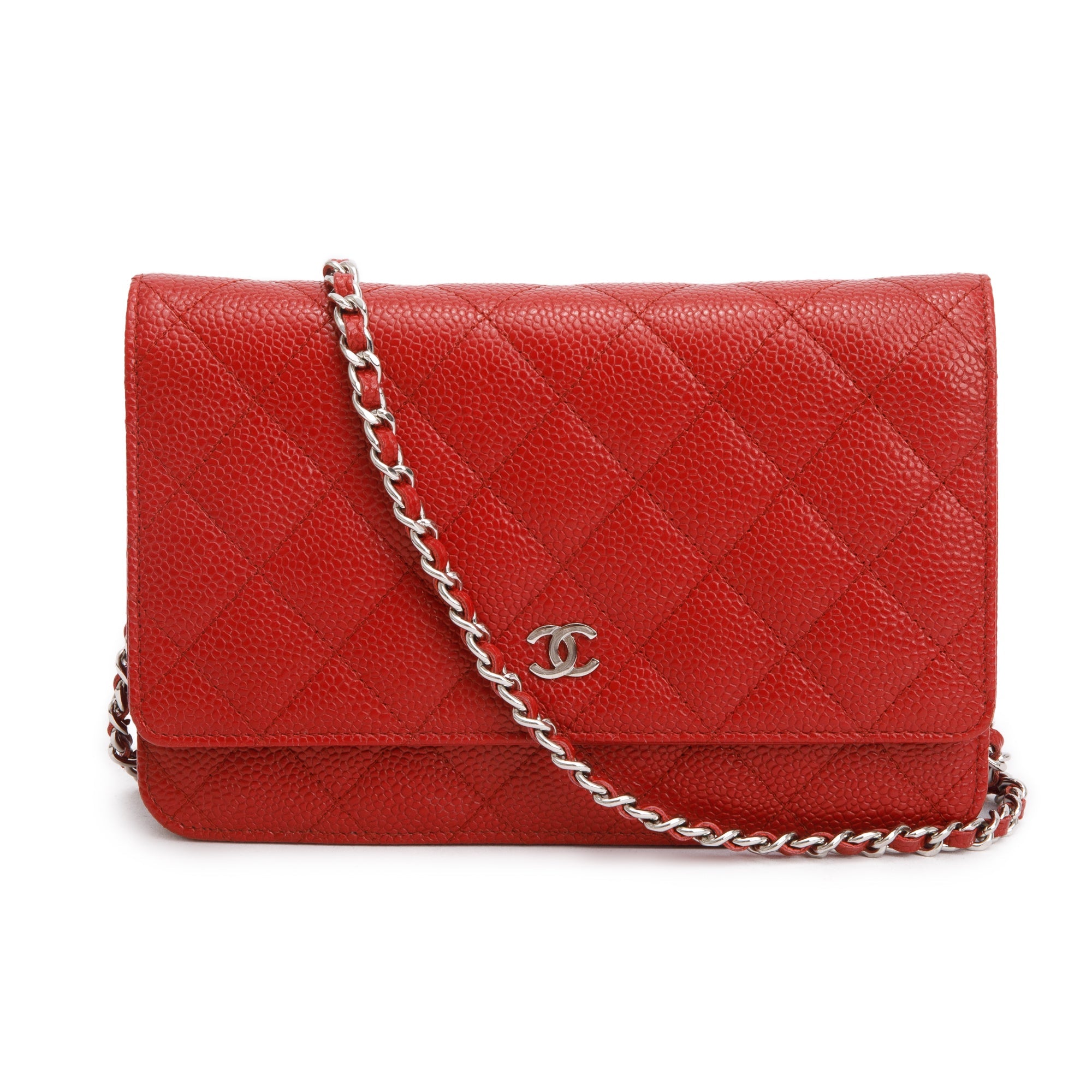 Chanel Red Quilted Caviar Leather Classic Wallet on Chain w/ Box & Authenticity Card