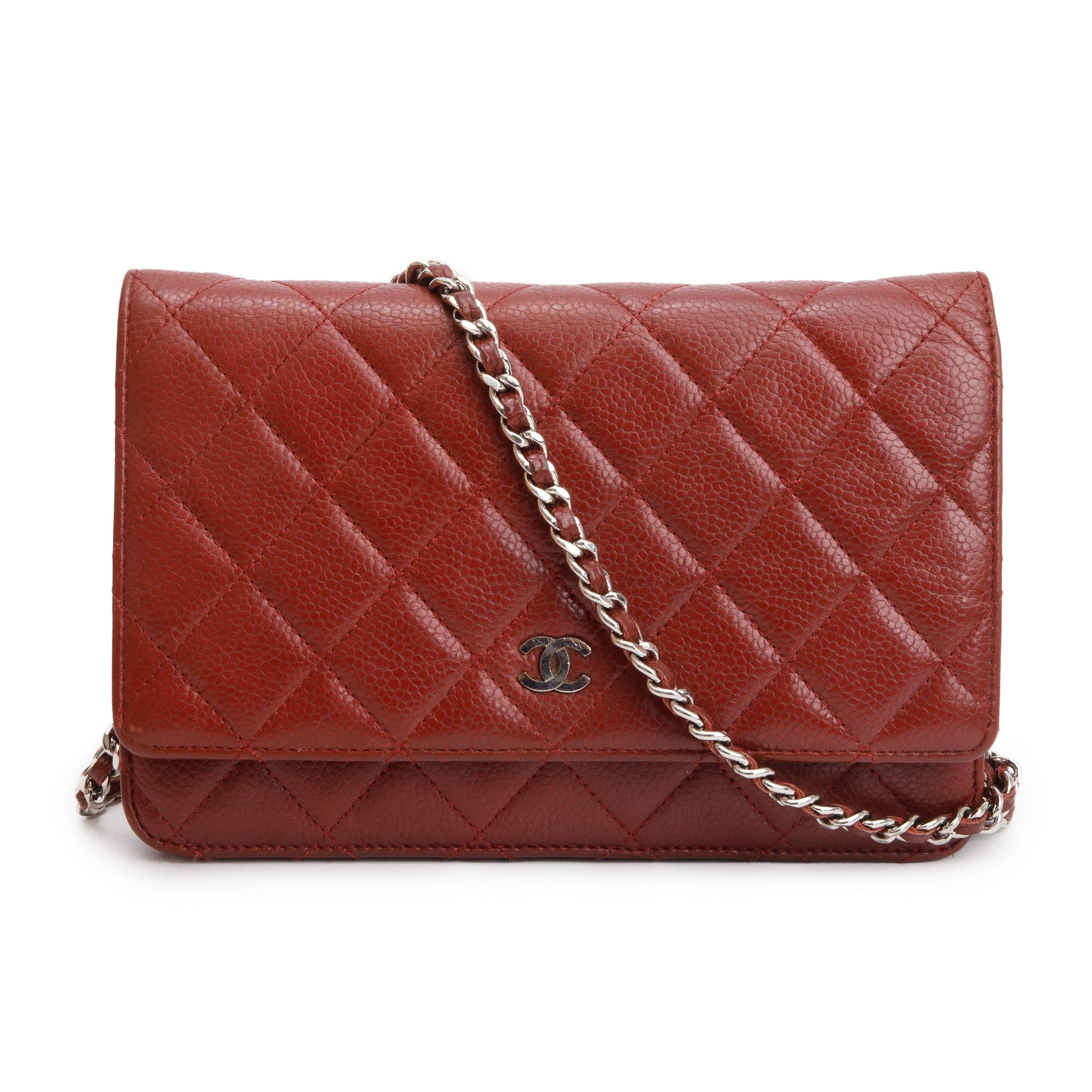 Chanel Red Quilted Caviar Leather Classic Wallet on Chain w/ Box & Authenticity Card