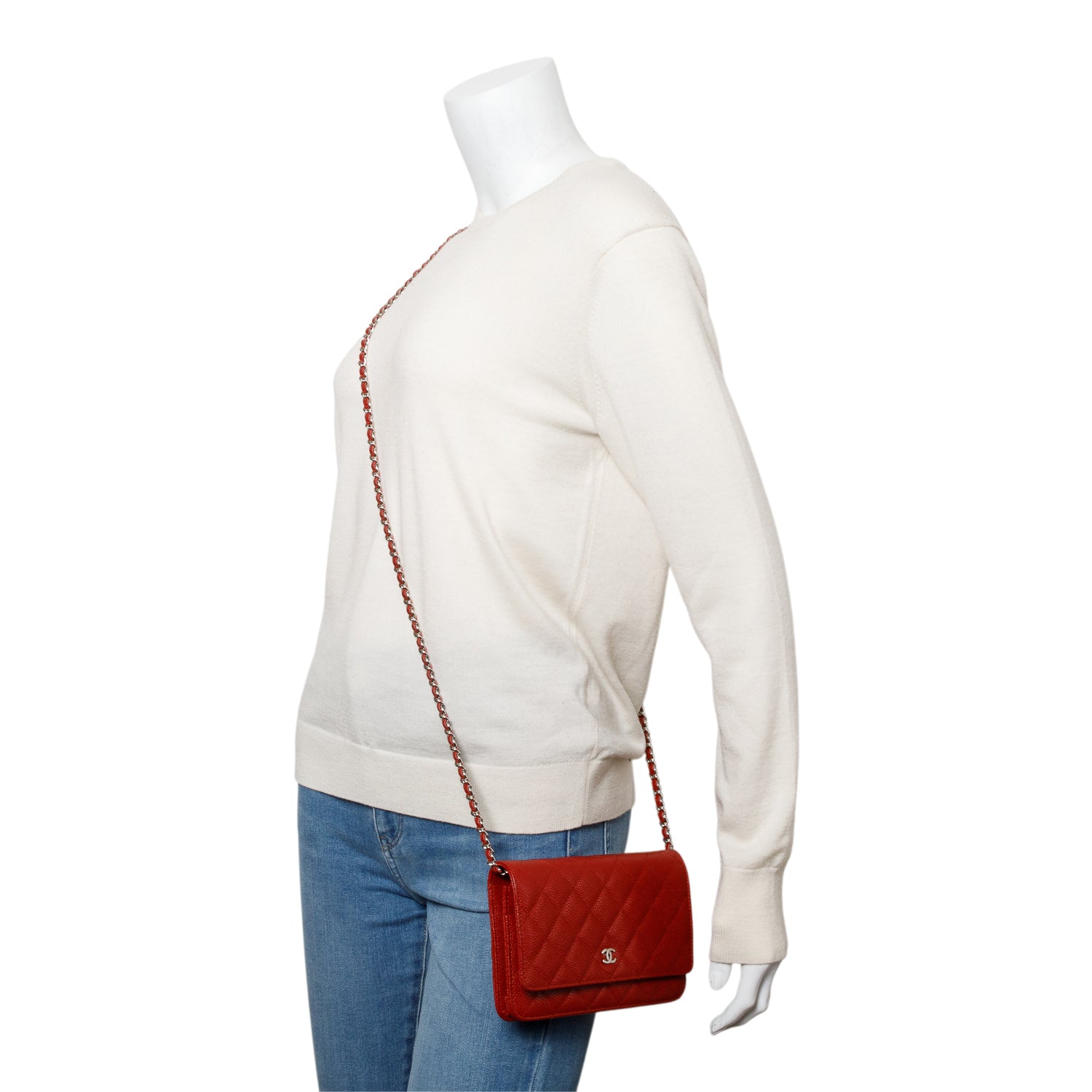 Chanel Red Quilted Caviar Leather Classic Wallet on Chain w/ Box, Receipt, Authenticity Card