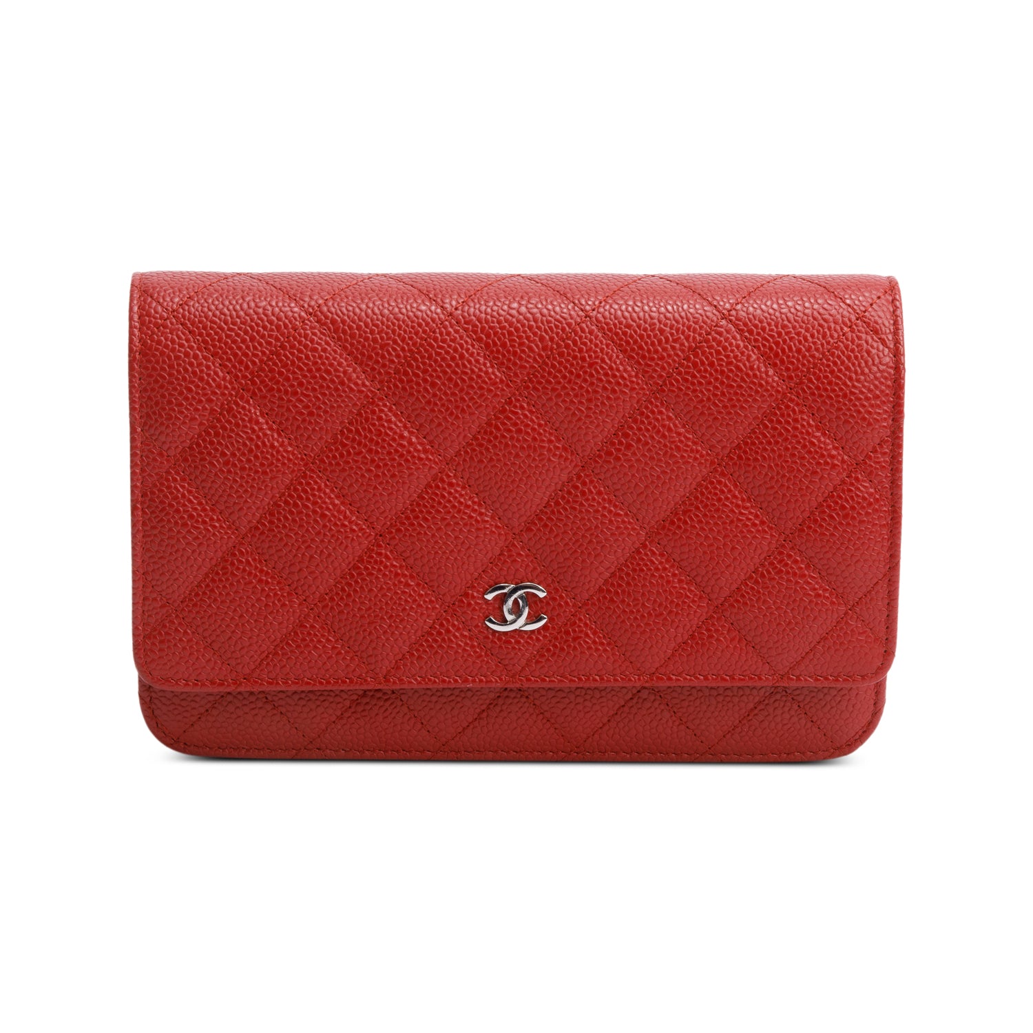Chanel Red Quilted Caviar Leather Classic Wallet on Chain w/ Box, Receipt, Authenticity Card