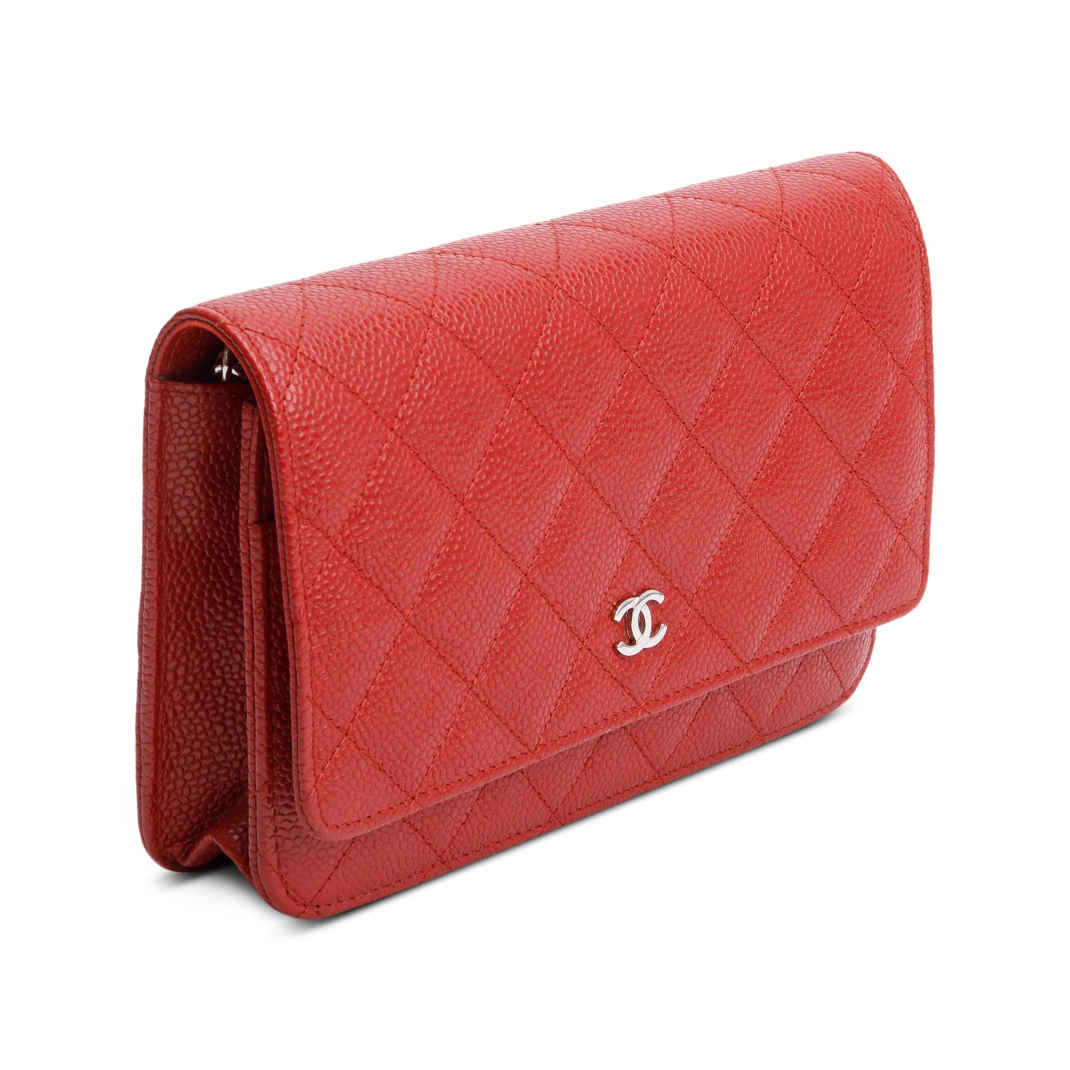 Chanel Red Quilted Caviar Leather Classic Wallet on Chain w/ Box, Receipt, Authenticity Card