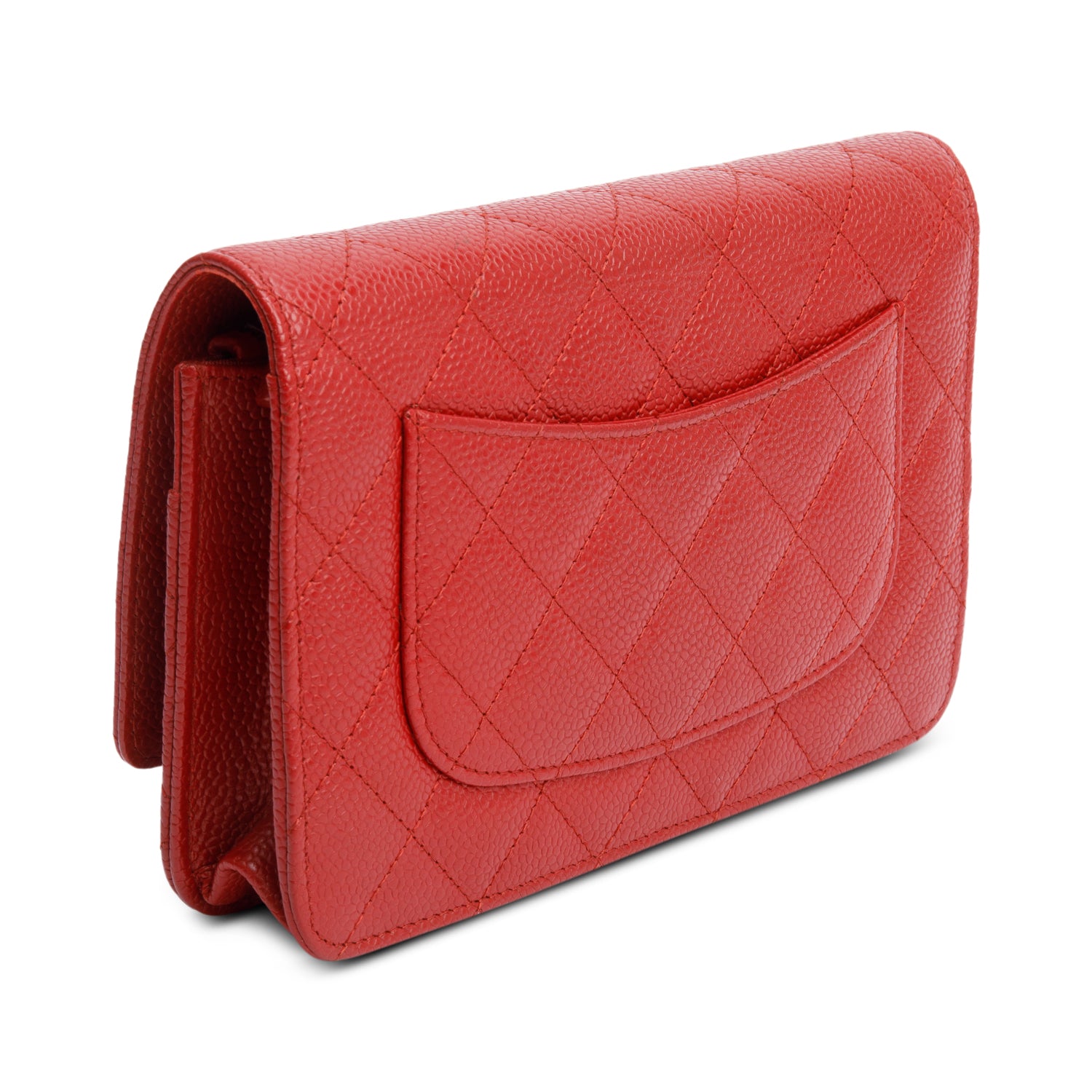 Chanel Red Quilted Caviar Leather Classic Wallet on Chain w/ Box, Receipt, Authenticity Card