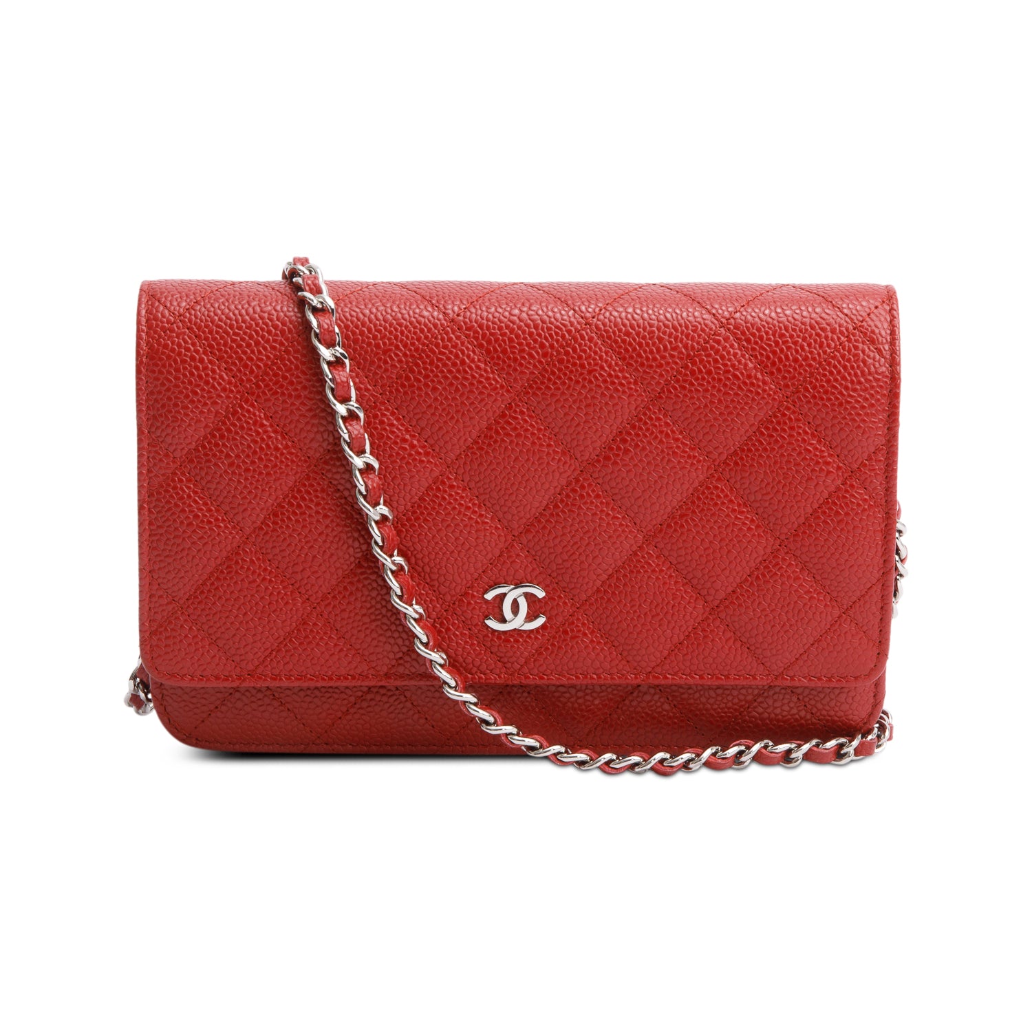 Chanel Red Quilted Caviar Leather Classic Wallet on Chain w/ Box, Receipt, Authenticity Card