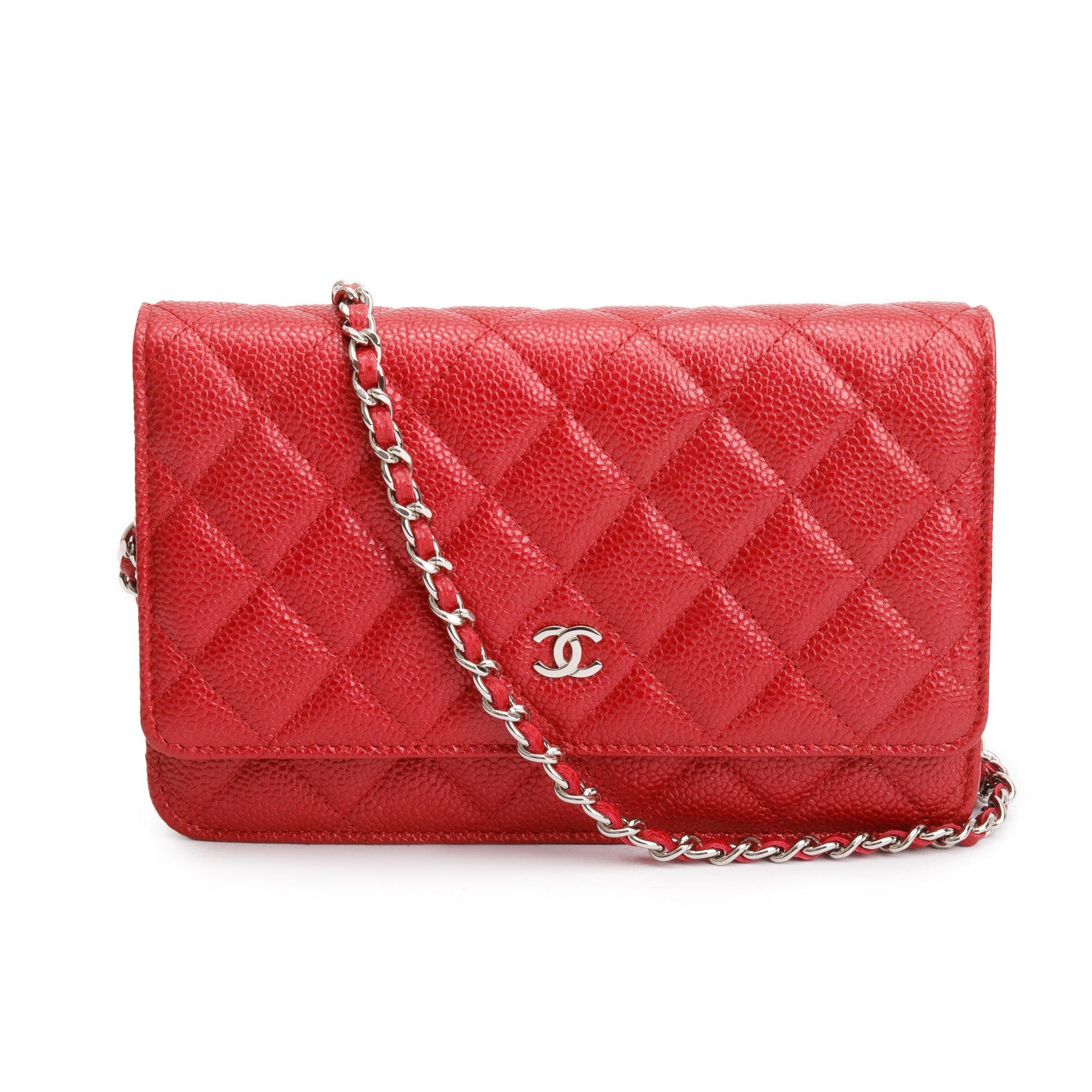 Chanel Red Quilted Caviar Leather Classic Wallet on Chain w/ Box
