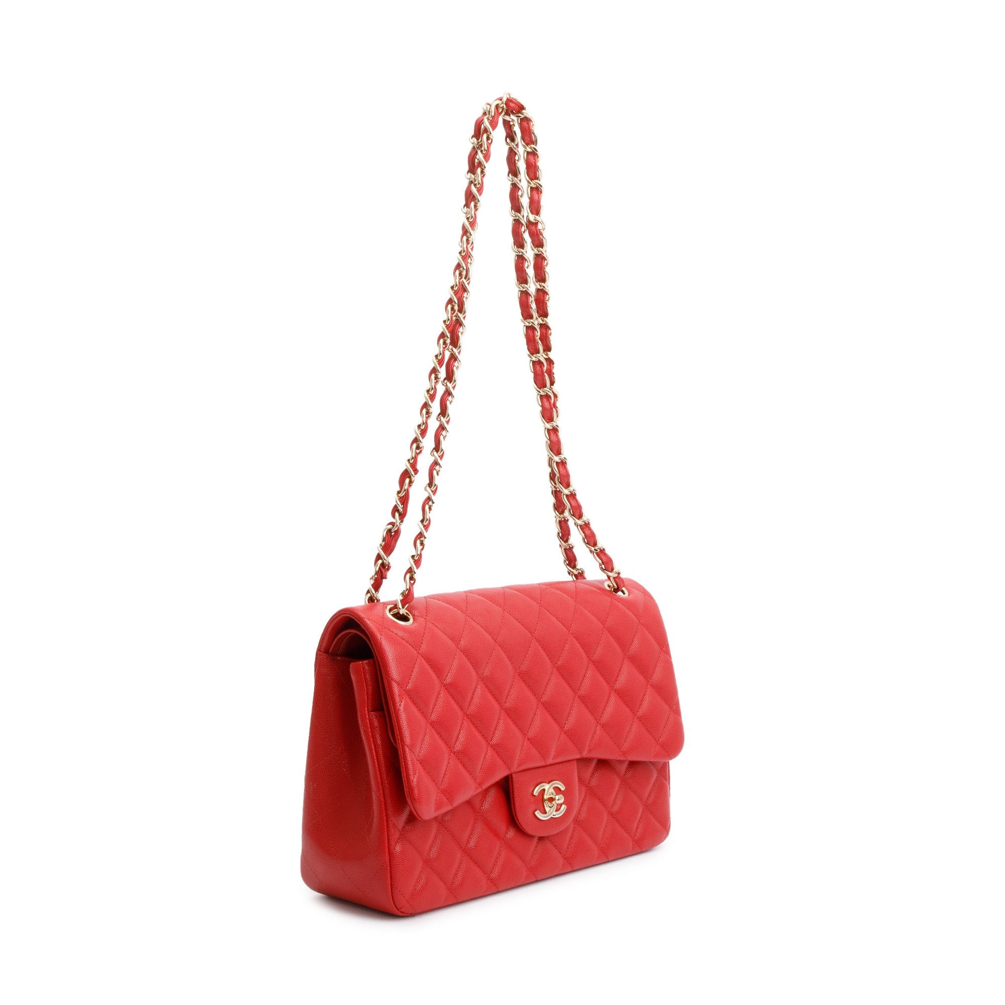 Chanel Red Quilted Caviar Leather Jumbo Double Flap Bag w/ Box, Receipt & Authenticity Card