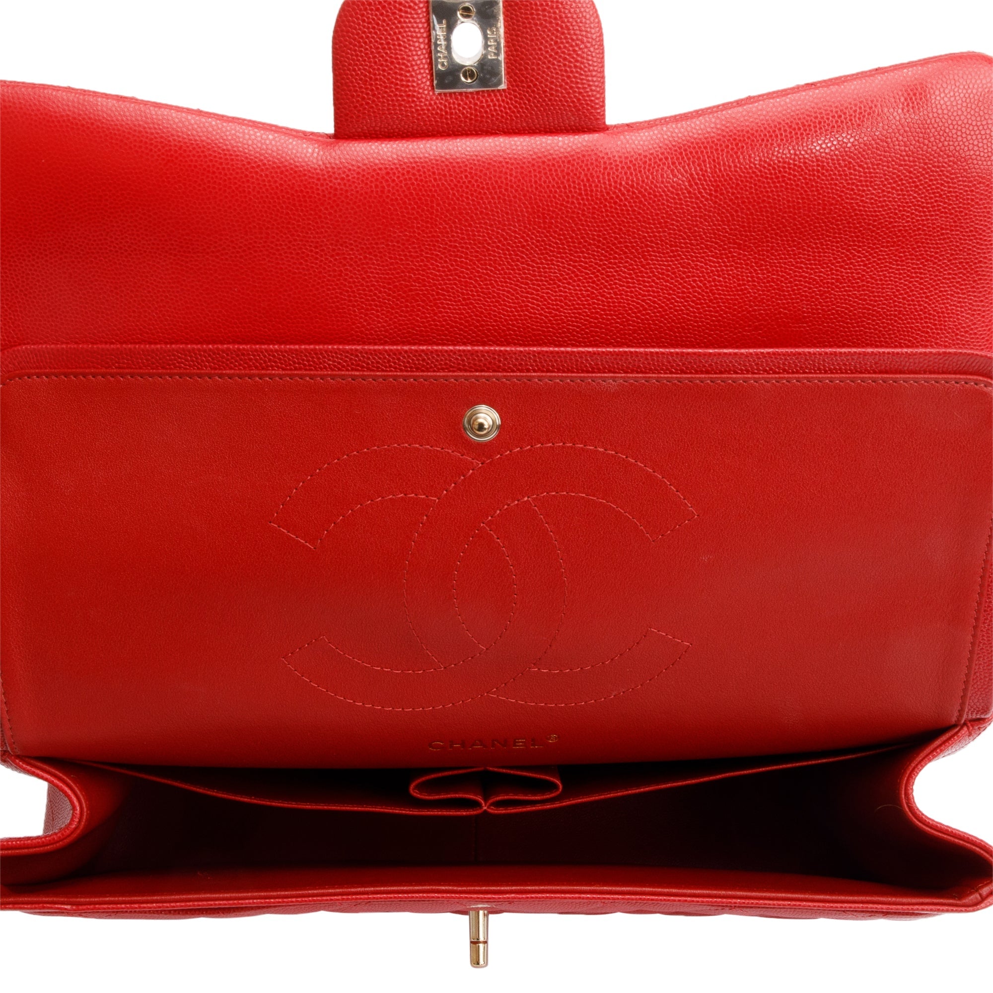 Chanel Red Quilted Caviar Leather Jumbo Double Flap Bag w/ Box, Receipt & Authenticity Card