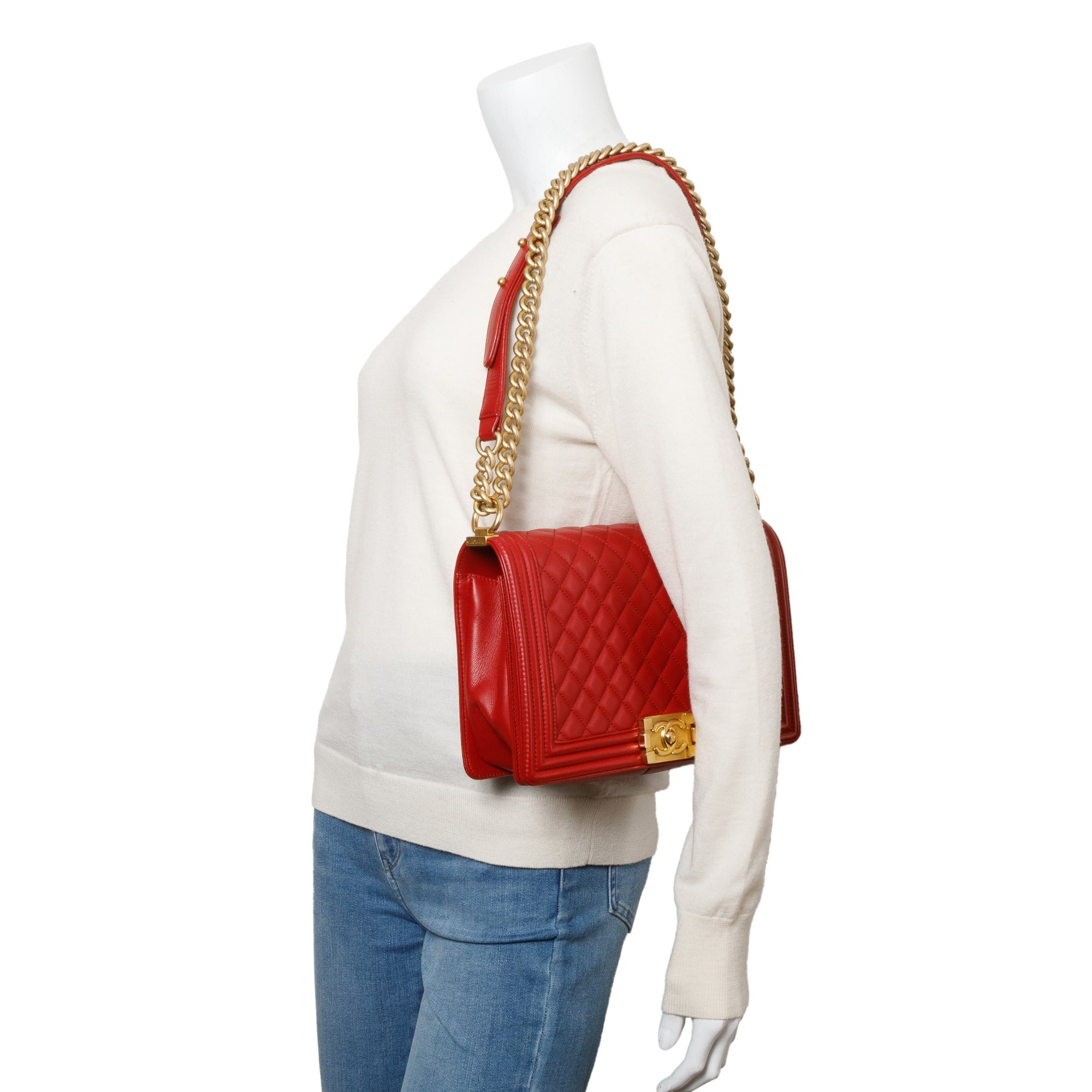 Chanel Red Quilted Caviar Leather Large Boy Bag w/ Authenticity Card