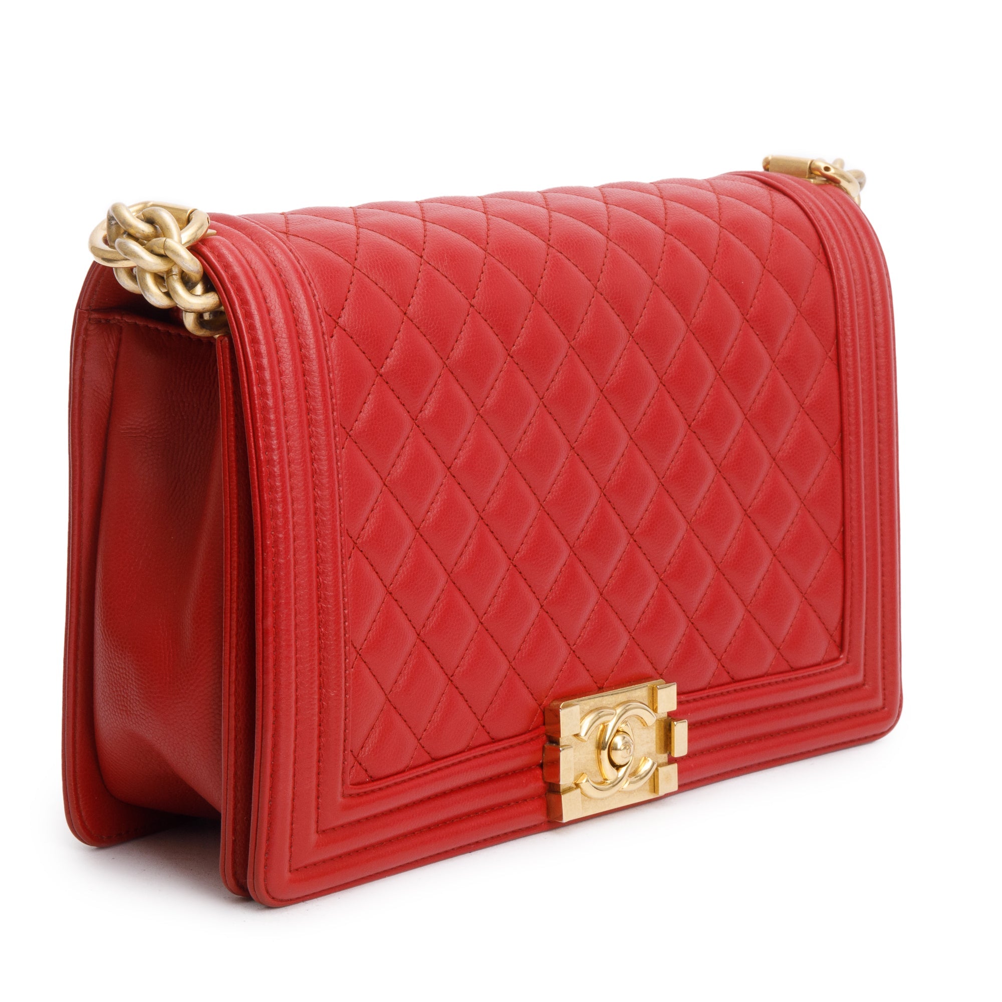 Chanel Red Quilted Caviar Leather Large Boy Bag w/ Authenticity Card