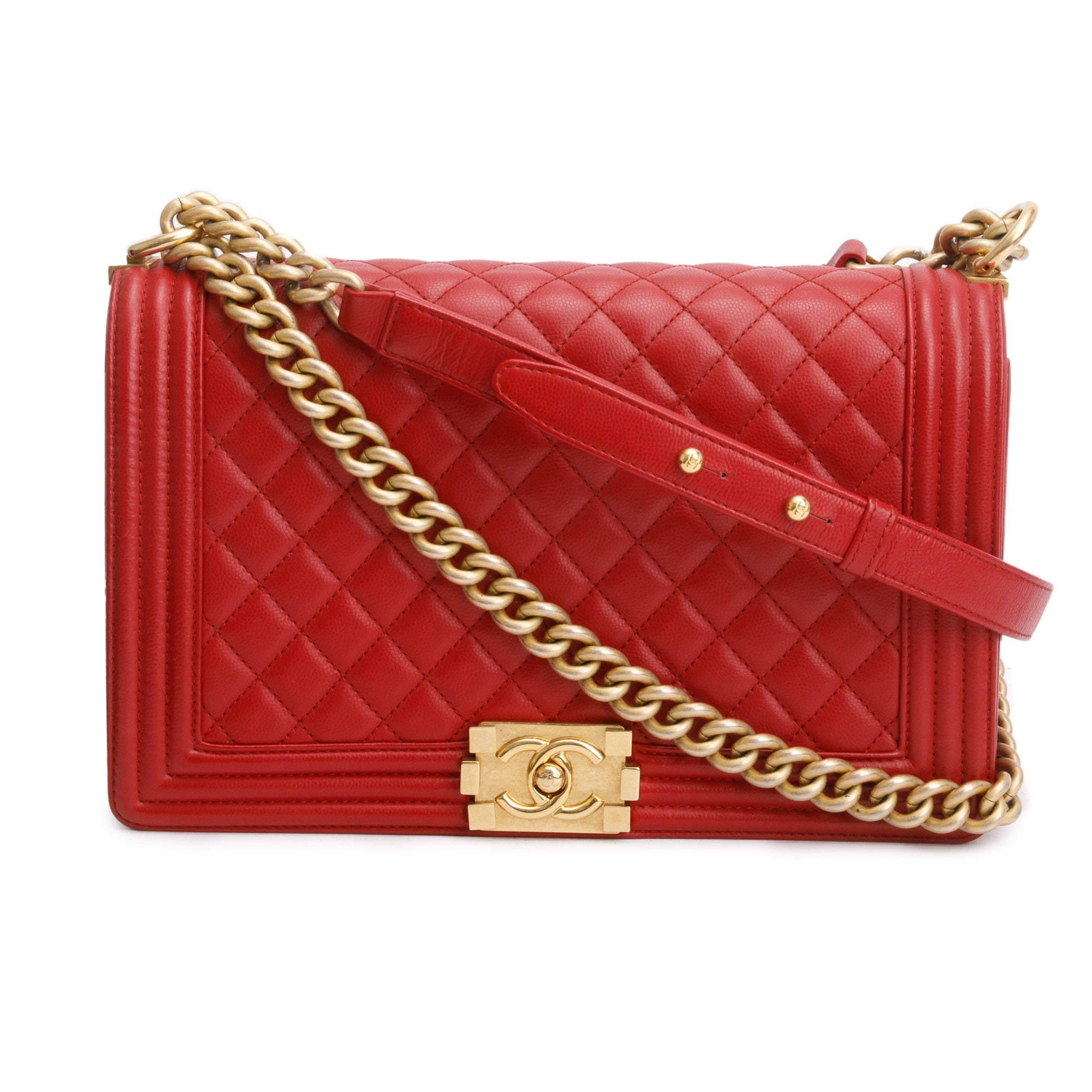 Chanel Red Quilted Caviar Leather Large Boy Bag w/ Authenticity Card